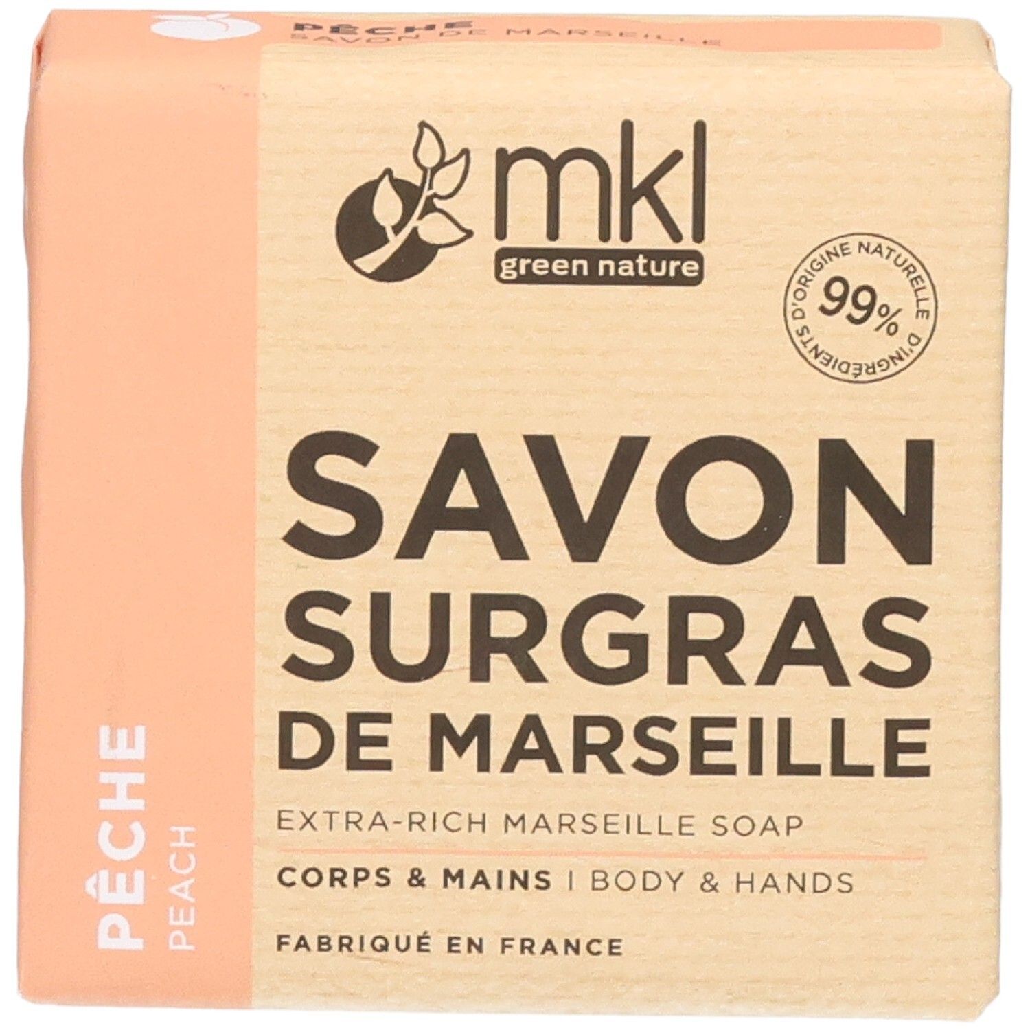 MKL Green Nature Savon Surgras de Marseille, Pêche. Face avant de la boîte en carton.