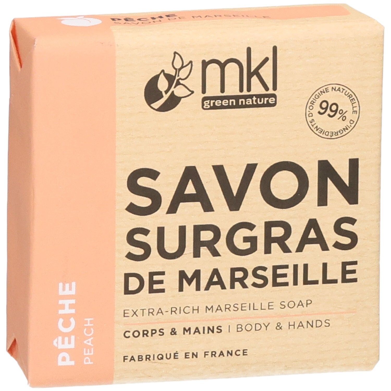 MKL Green Nature Savon Surgras de Marseille, Pêche. Face avant de la boîte en carton avec logo et label.