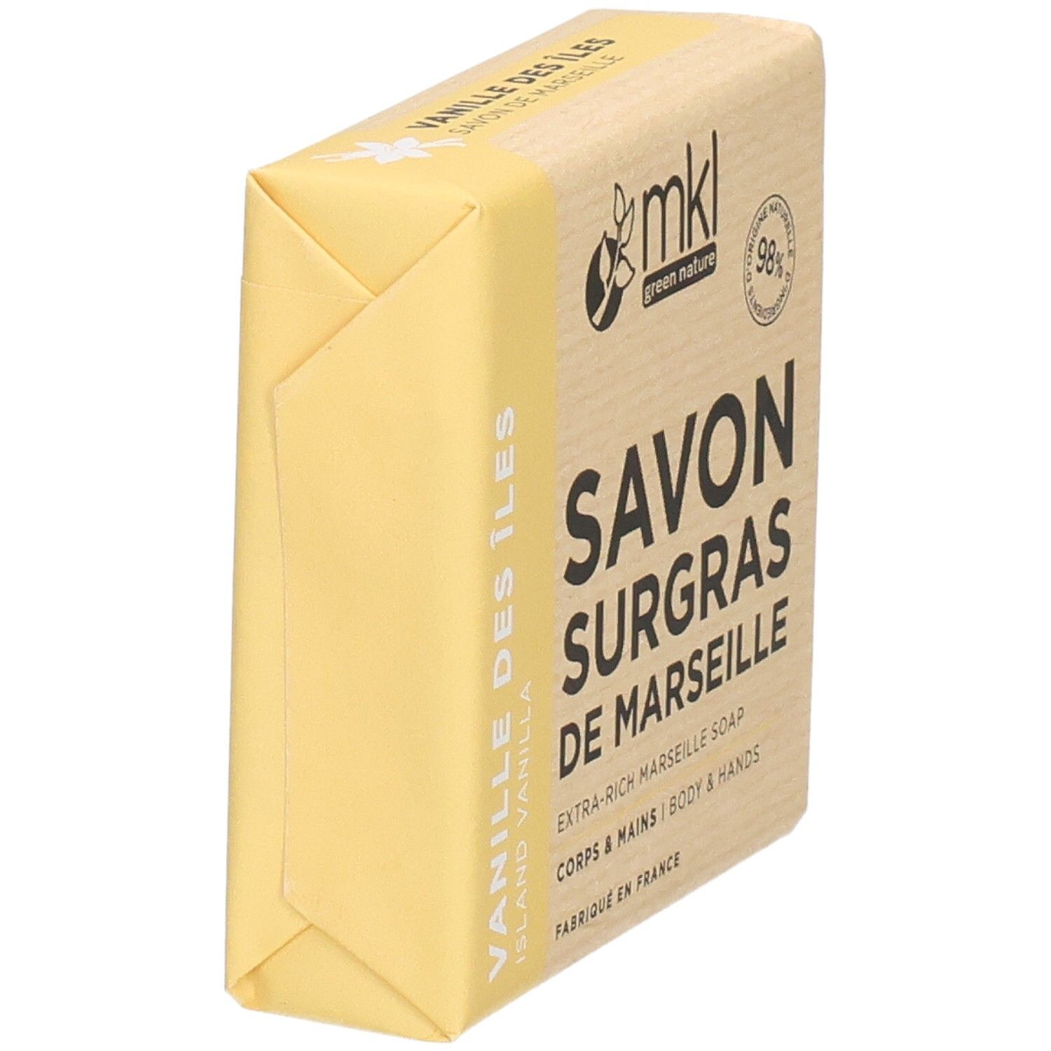 Savon de Marseille Vanille Des Îles de MKL, vue latérale. Extra-riche, pour corps et mains.