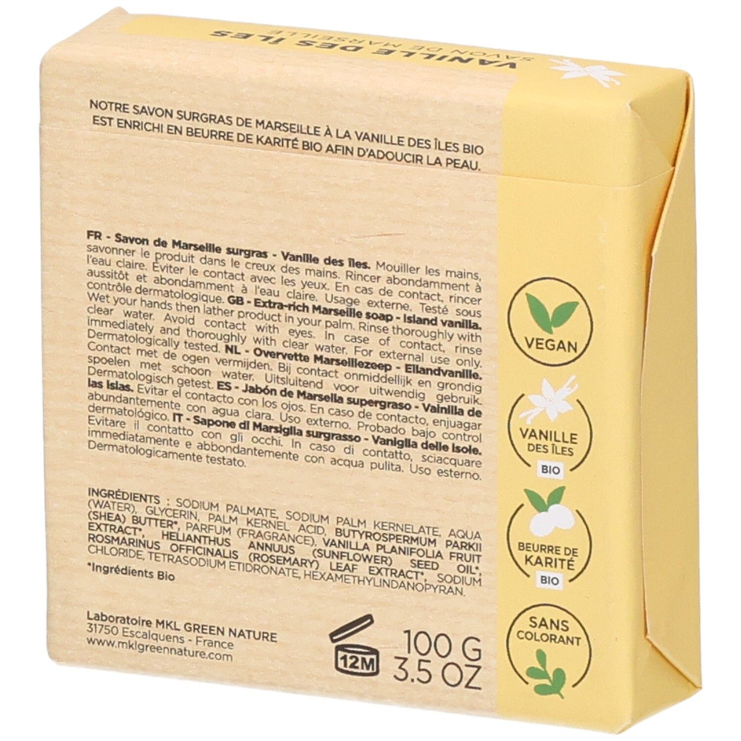 Arrière de l'emballage MKL Savon Surgras de Marseille. Contient les ingrédients et instructions.