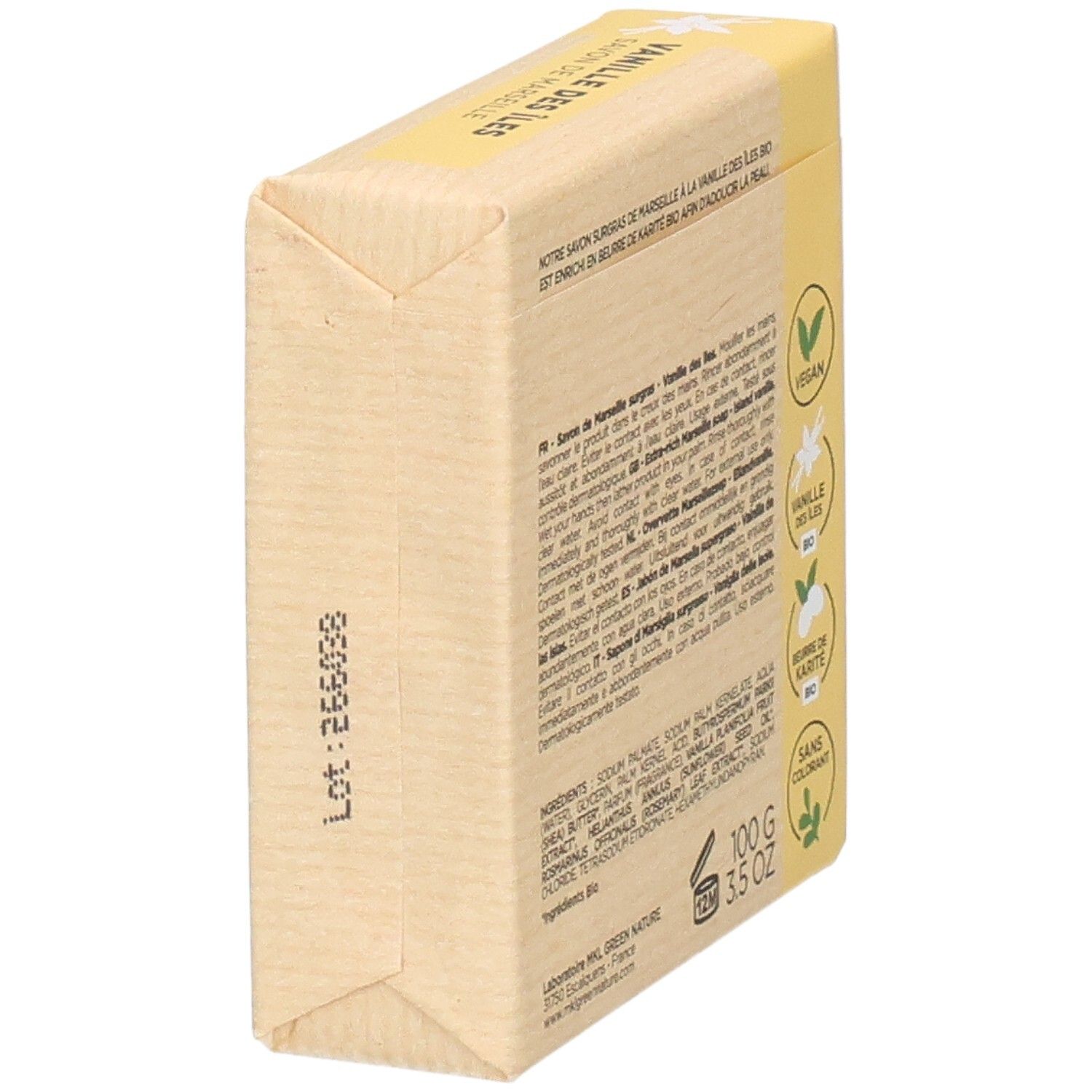 Emballage MKL Savon Surgras de Marseille, verso avec numéro de lot. Savon Vanille Des Îles.
