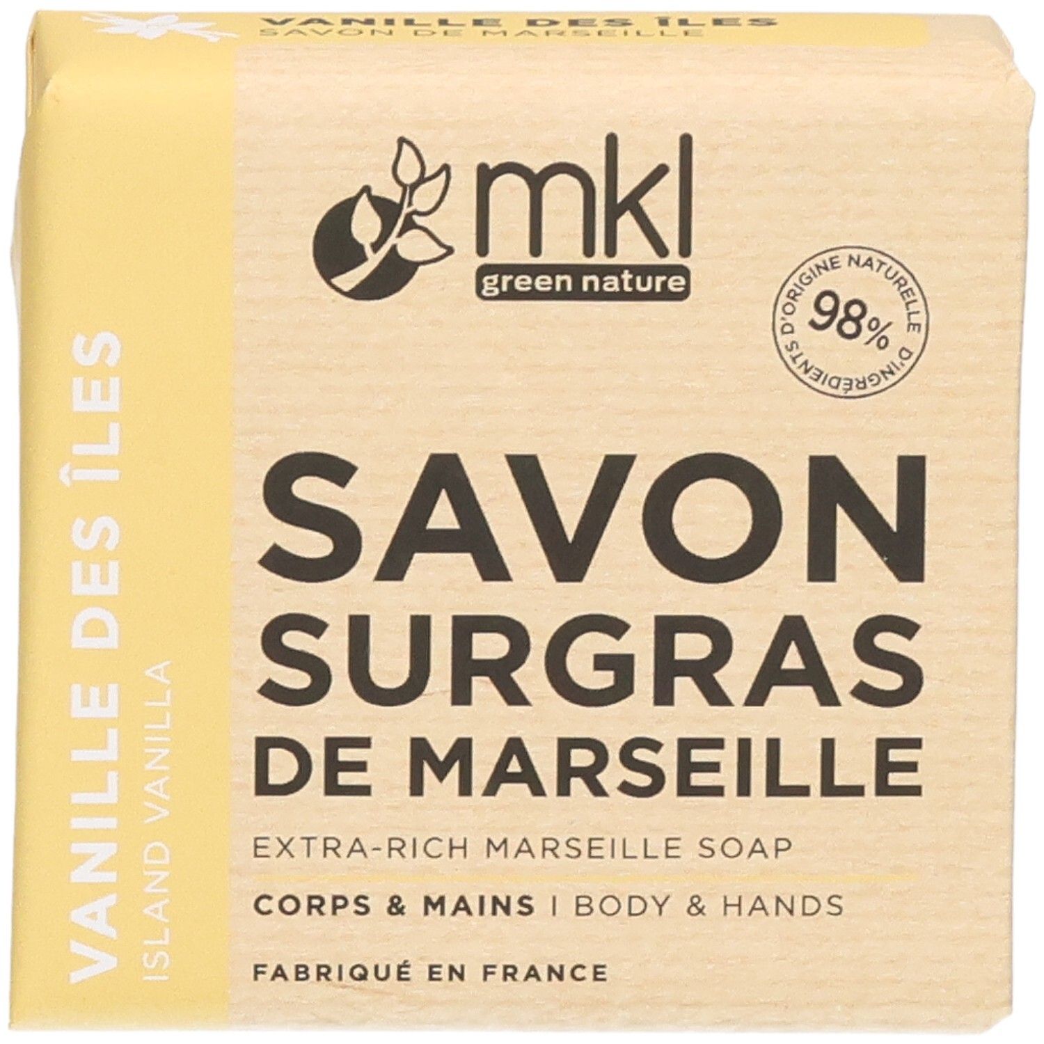MKL Savon Surgras de Marseille, Vanille Des Îles. Façade de l'emballage avec logo et nom du produit.