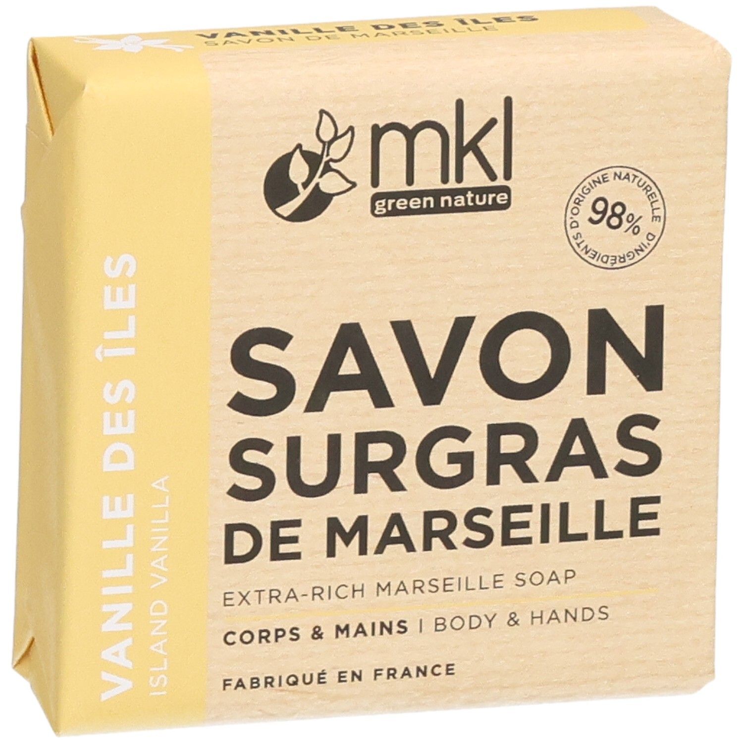 MKL Savon Surgras de Marseille, Vanille Des Îles. Emballage avec mention 'Fabriqué en France'.