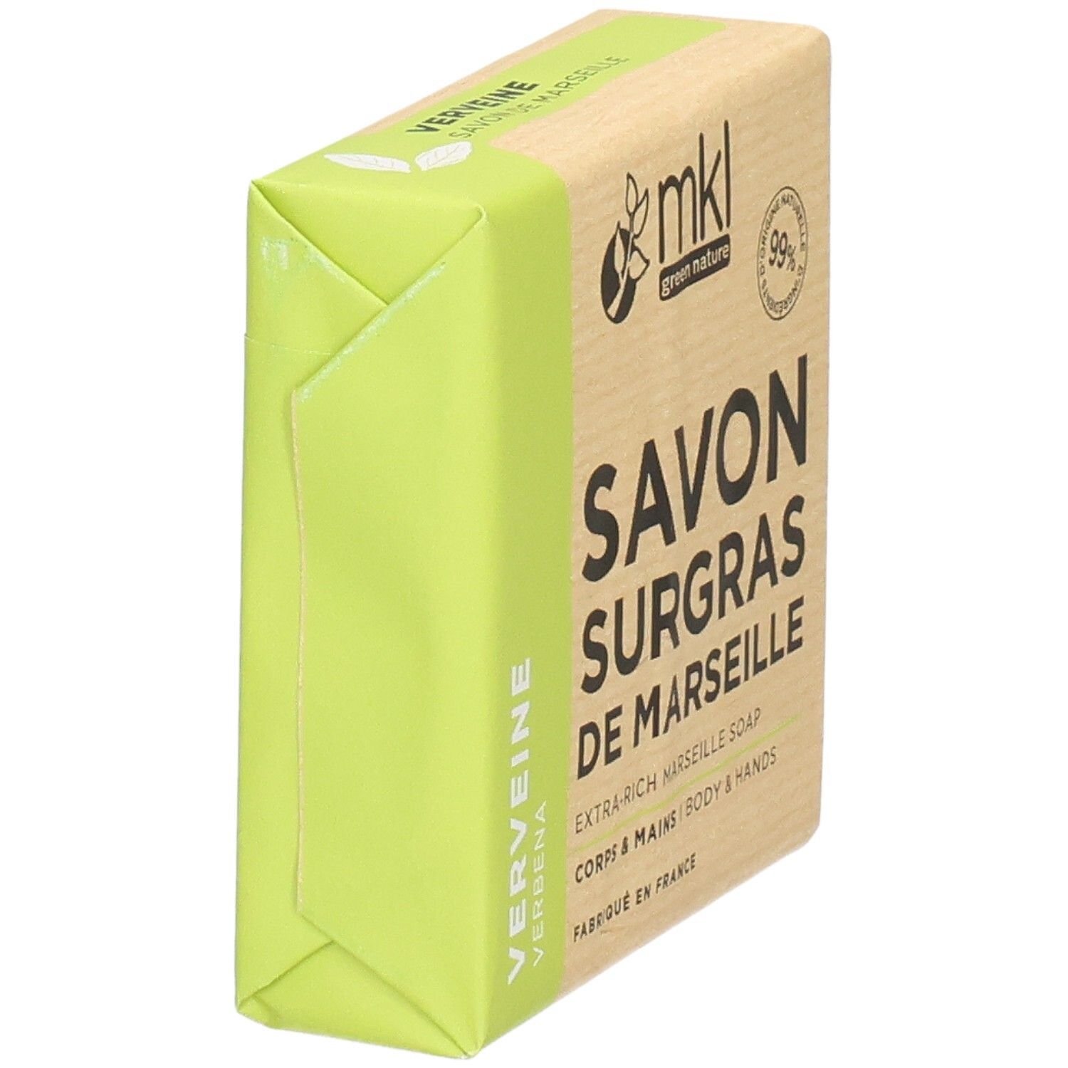 Savon de Marseille emballé dans du papier, parfum verveine.