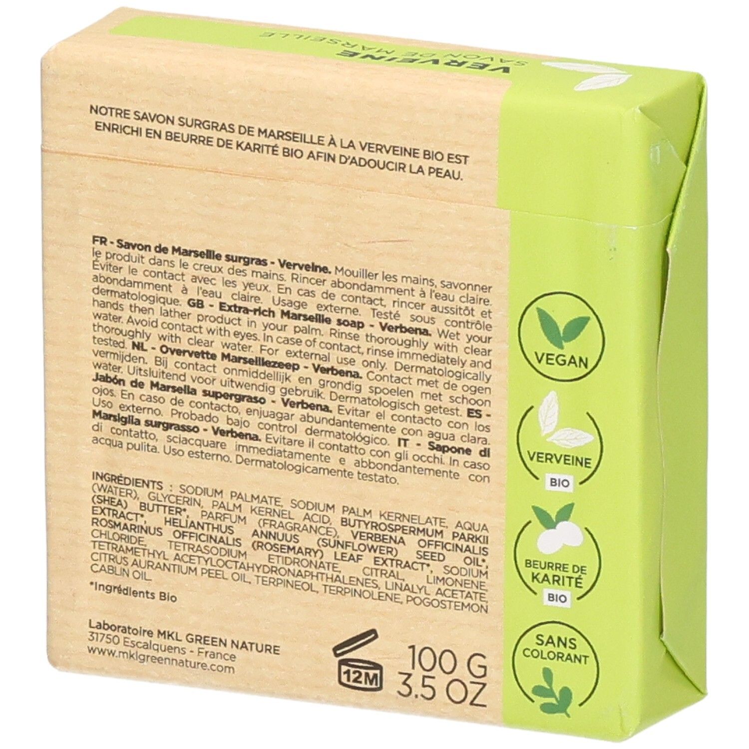 Savon de Marseille extra-riche à la verveine, enrichi en beurre de karité. 100g.