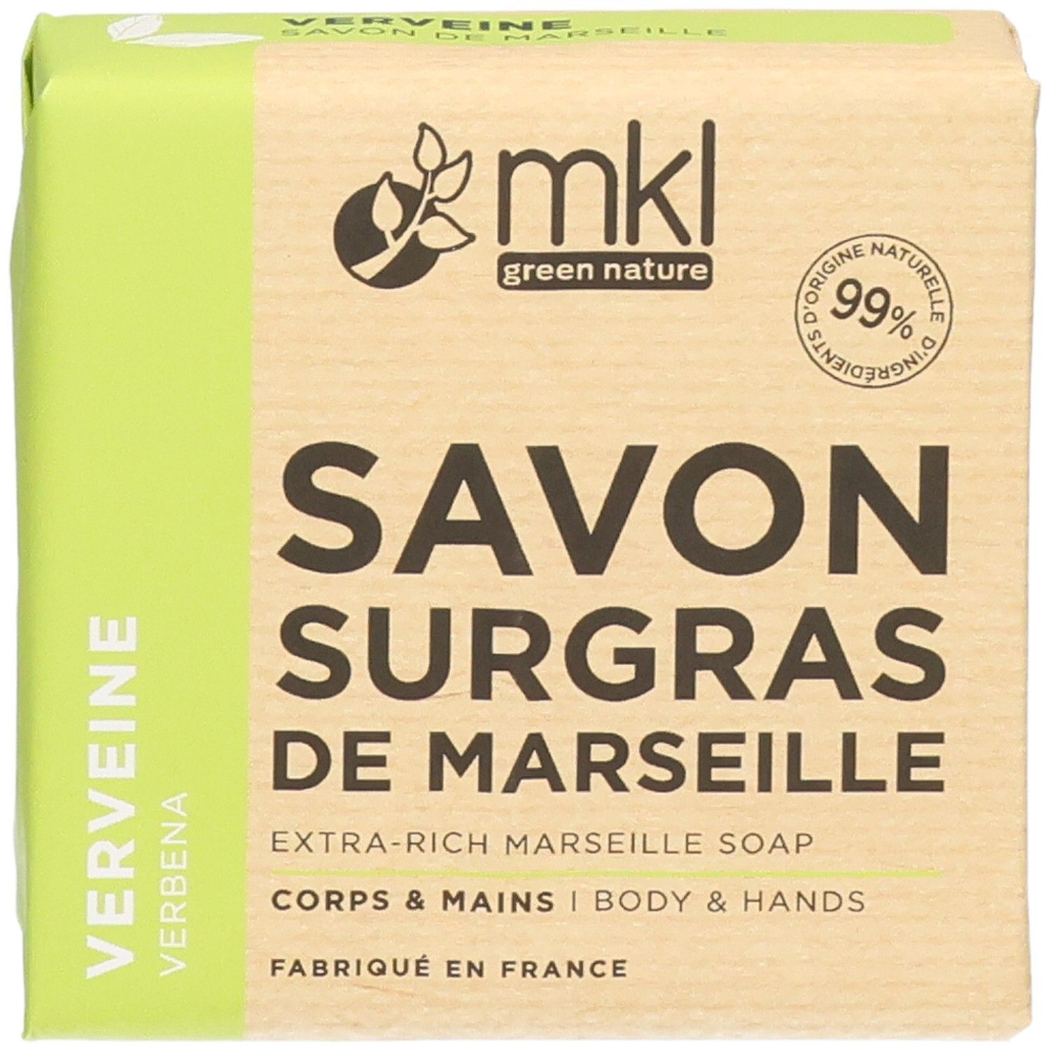 Savon de Marseille surgras à la verveine, pour corps et mains.