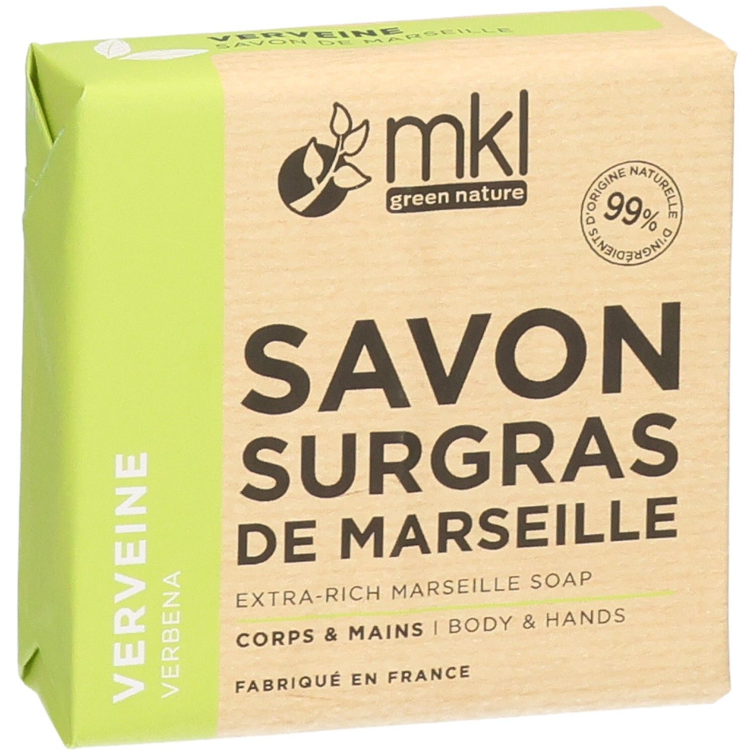 Savon de Marseille extra-gras à la verveine. 99% d'ingrédients d'origine naturelle.