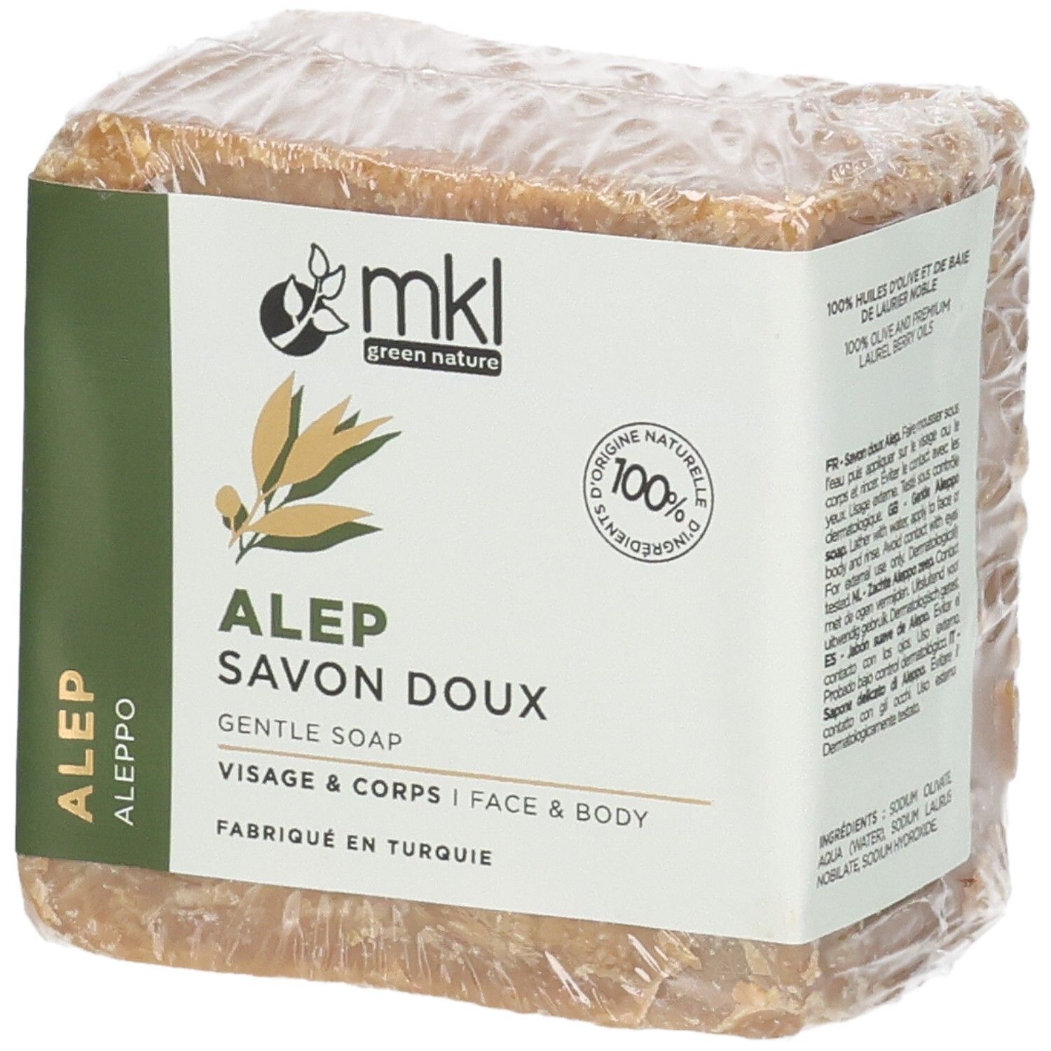Mkl Green Nature Alep Savon Doux, un pain de savon d'Alep doux pour le visage et le corps, emballé.