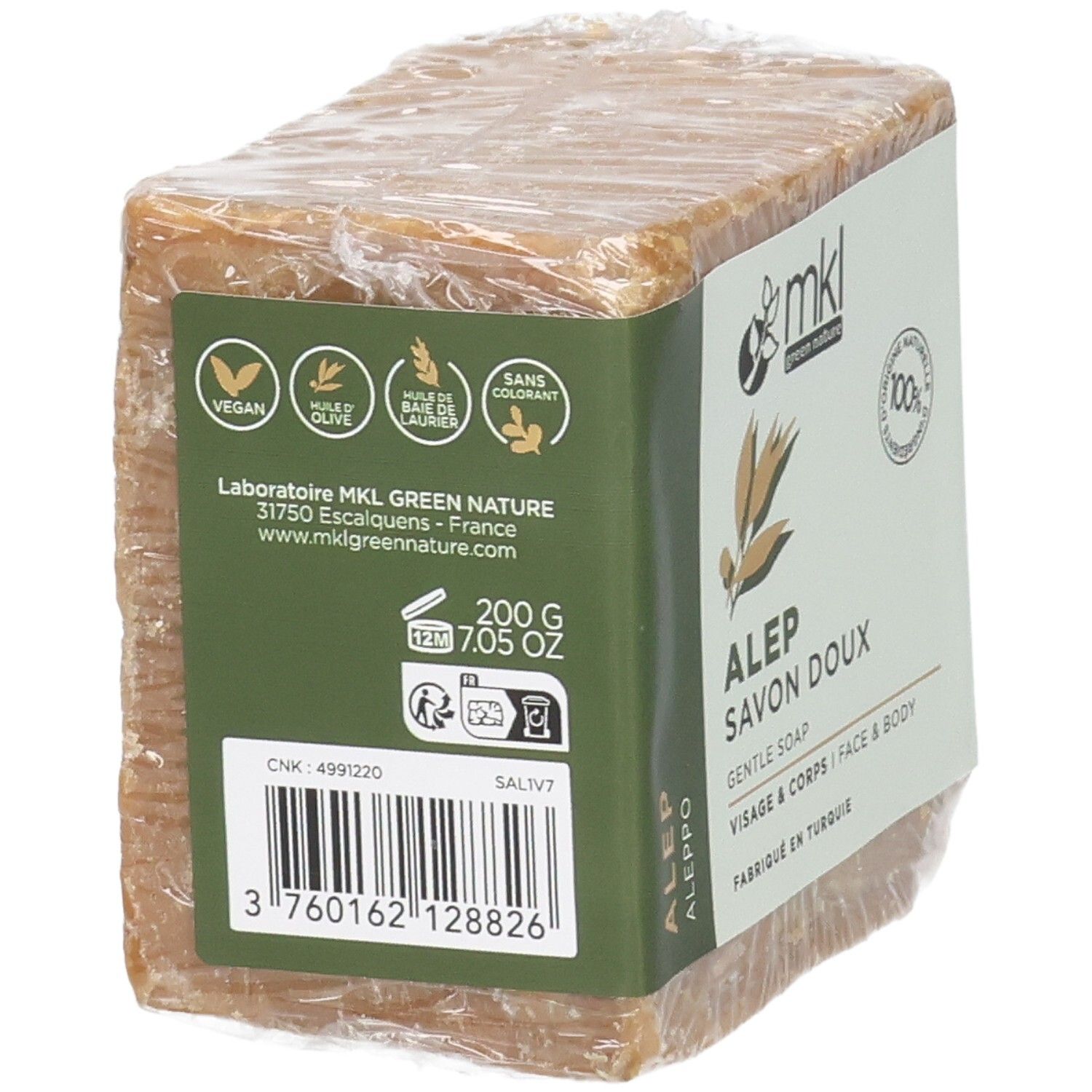 Arrière d'un pain de savon d'Alep Mkl Green Nature emballé, avec informations produit et code-barres.
