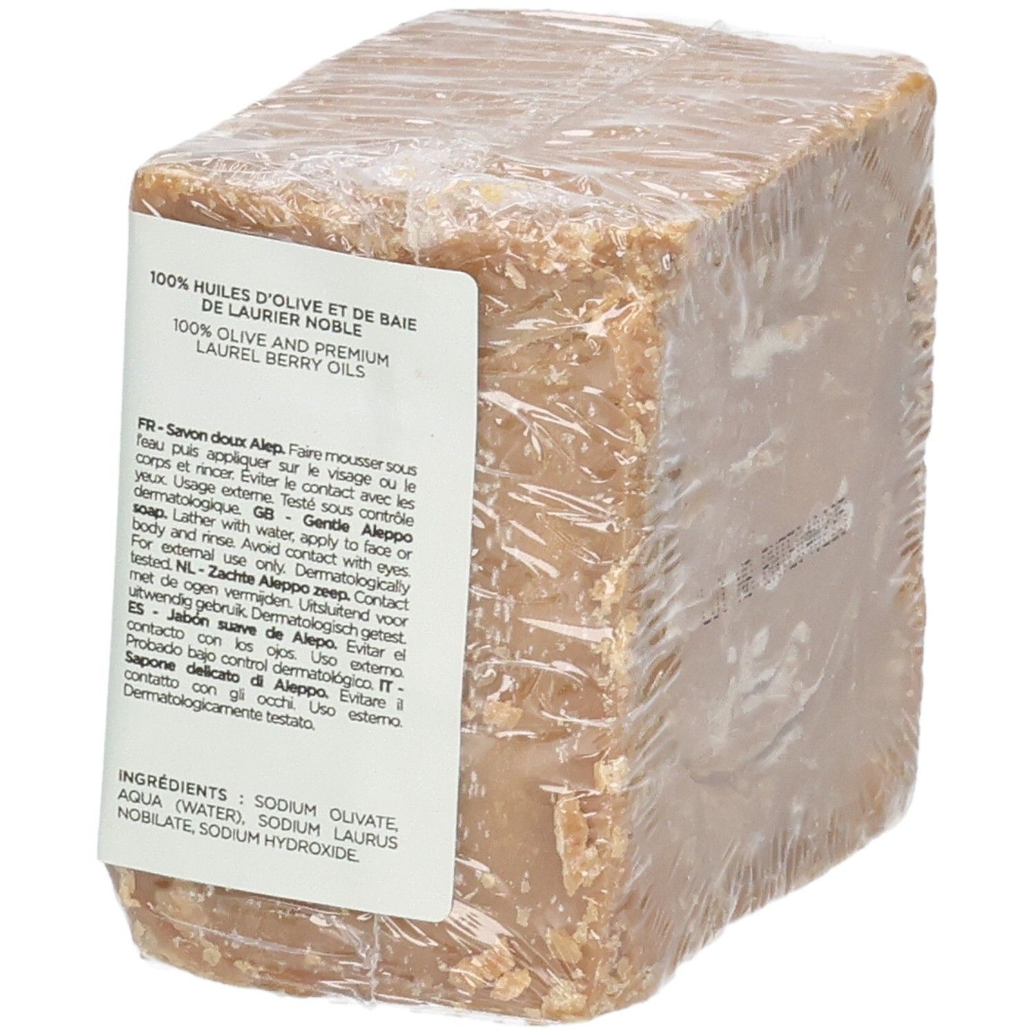 Côté d'un pain de savon d'Alep Mkl Green Nature emballé, avec instructions d'utilisation détaillées multilingues.