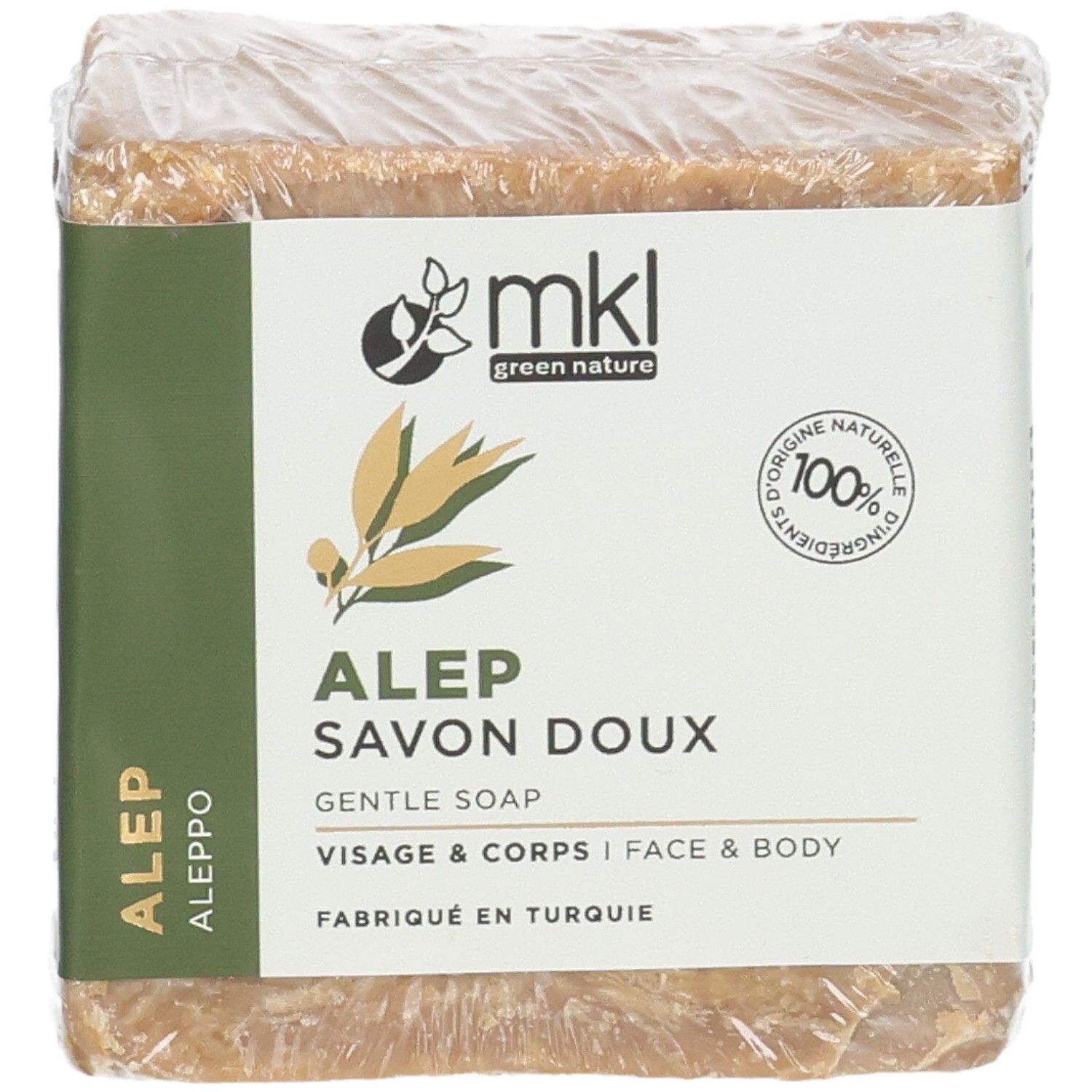 Face avant d'un pain de savon d'Alep Mkl Green Nature emballé, avec logo et nom du produit.