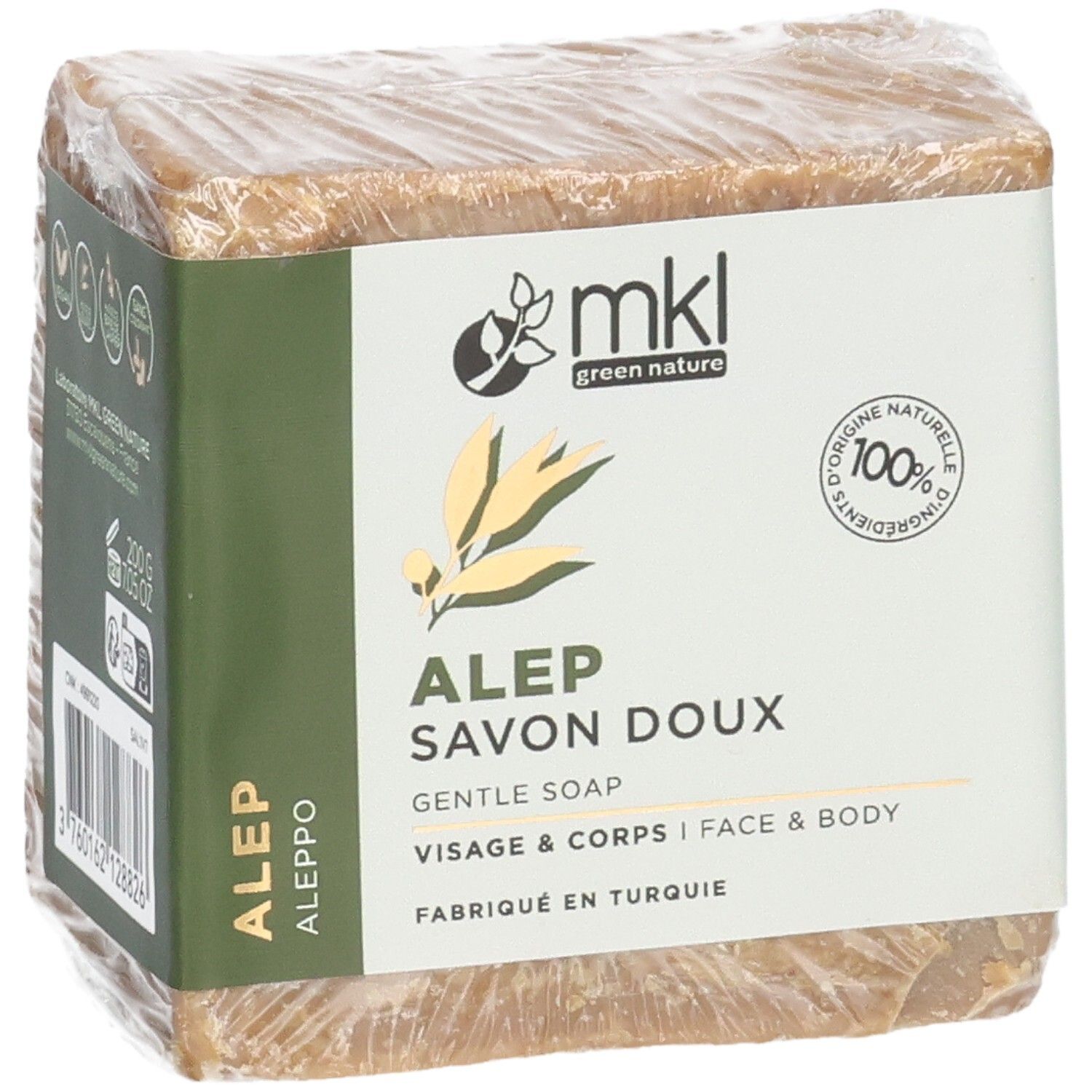 Face avant d'un pain de savon d'Alep Mkl Green Nature emballé, montrant le logo et l'appellation 'Aleppo Savon Doux'.