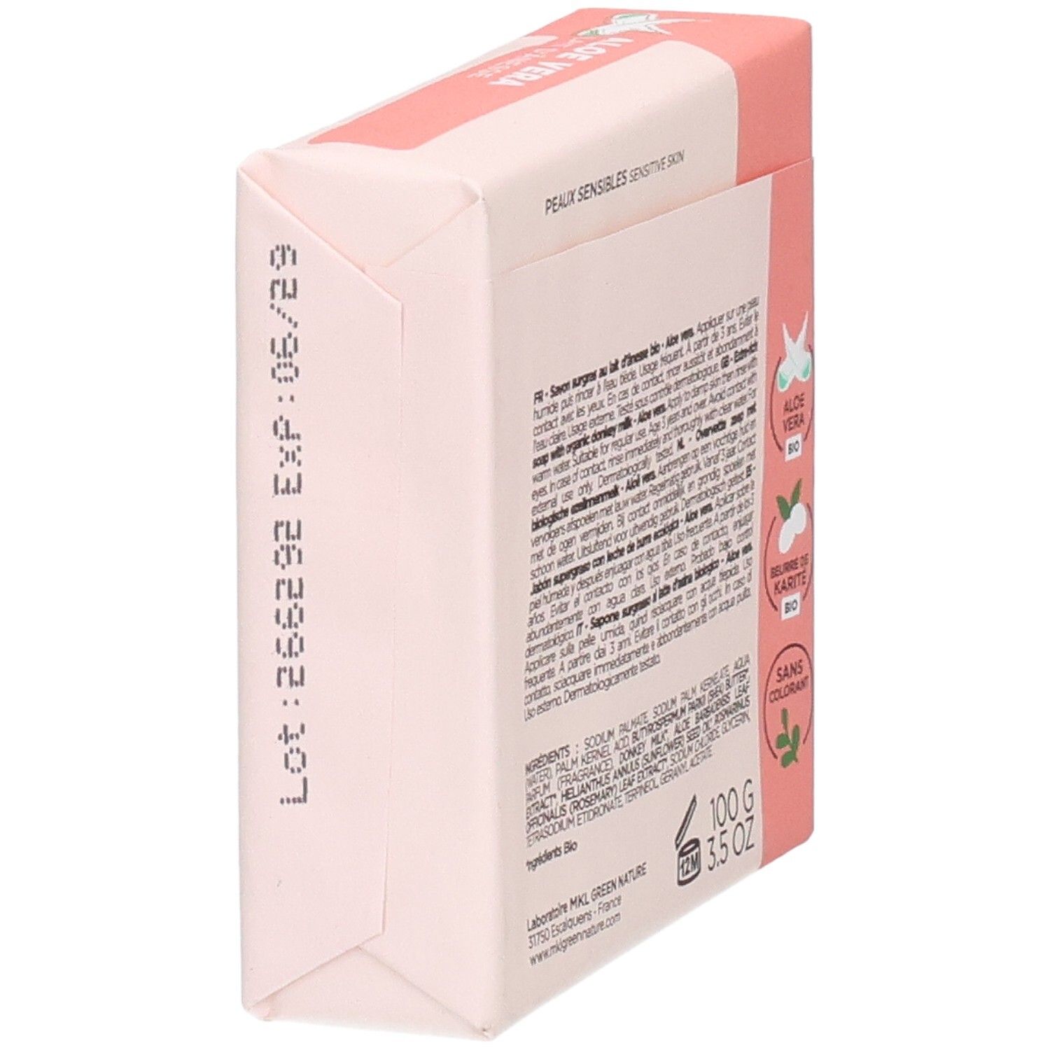 Emballage d'un pain de savon de 100g pour peaux sensibles.
