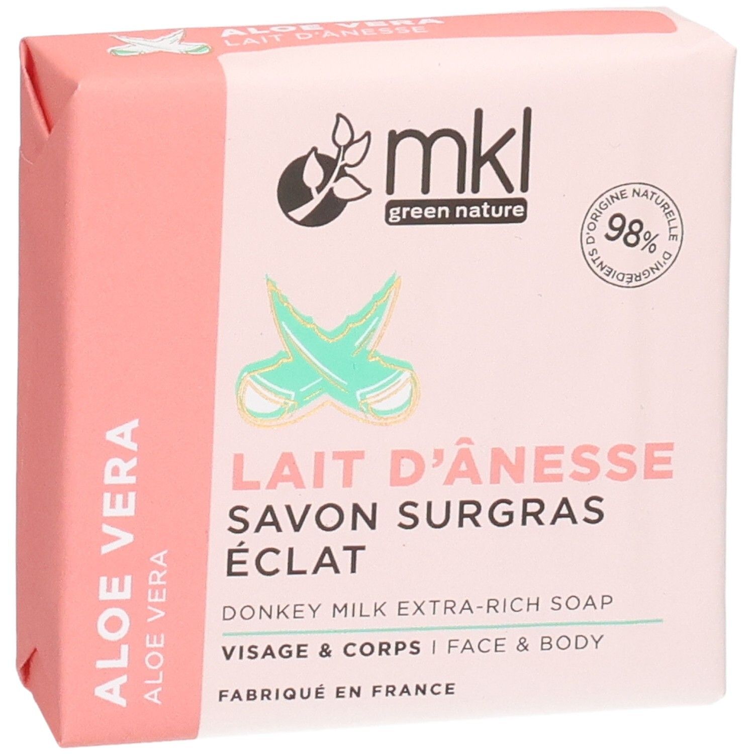 Emballage pour savon extra-riche au lait d'ânesse MKL avec Aloe Vera, 98% d'ingrédients naturels.