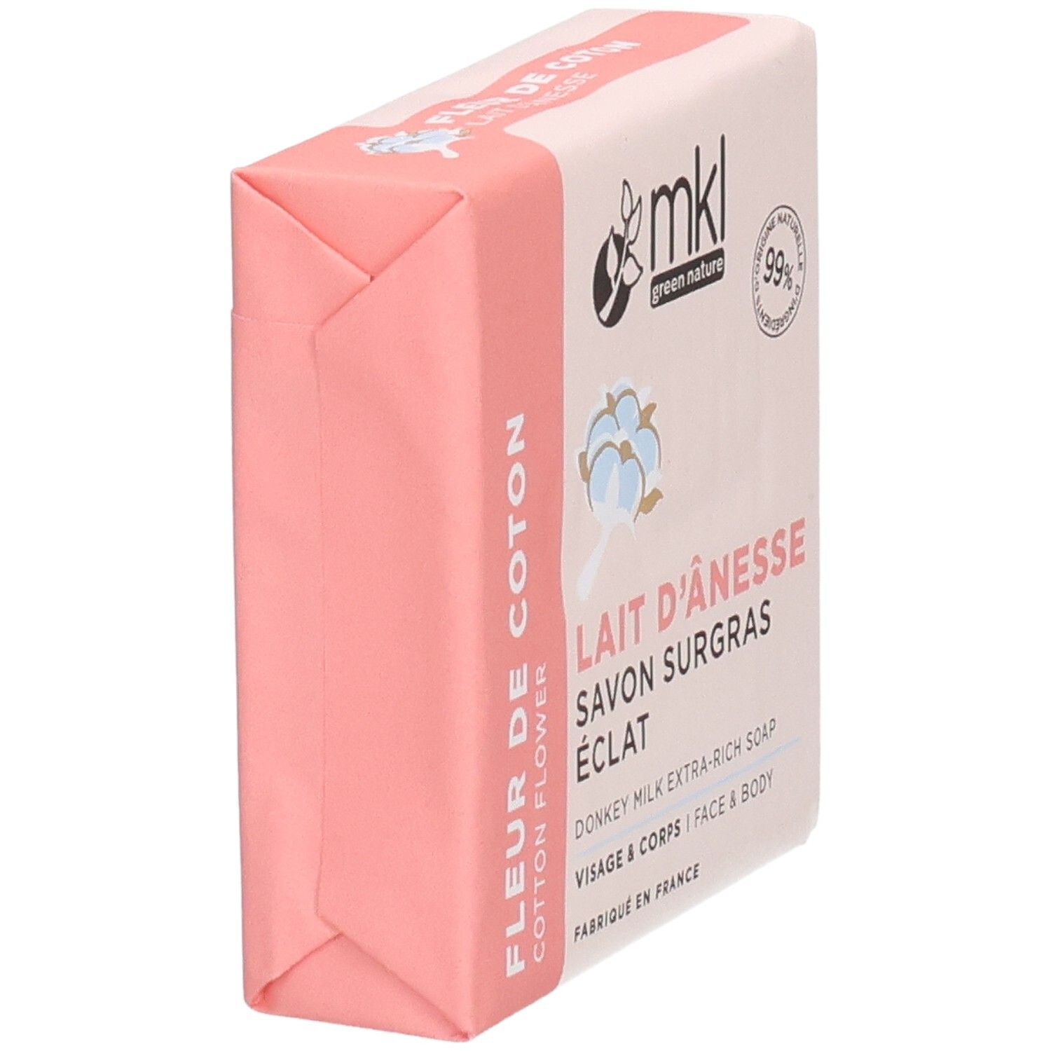 Emballage d'un savon MKL Green Nature Lait d'Ânesse Fleur de Coton.
