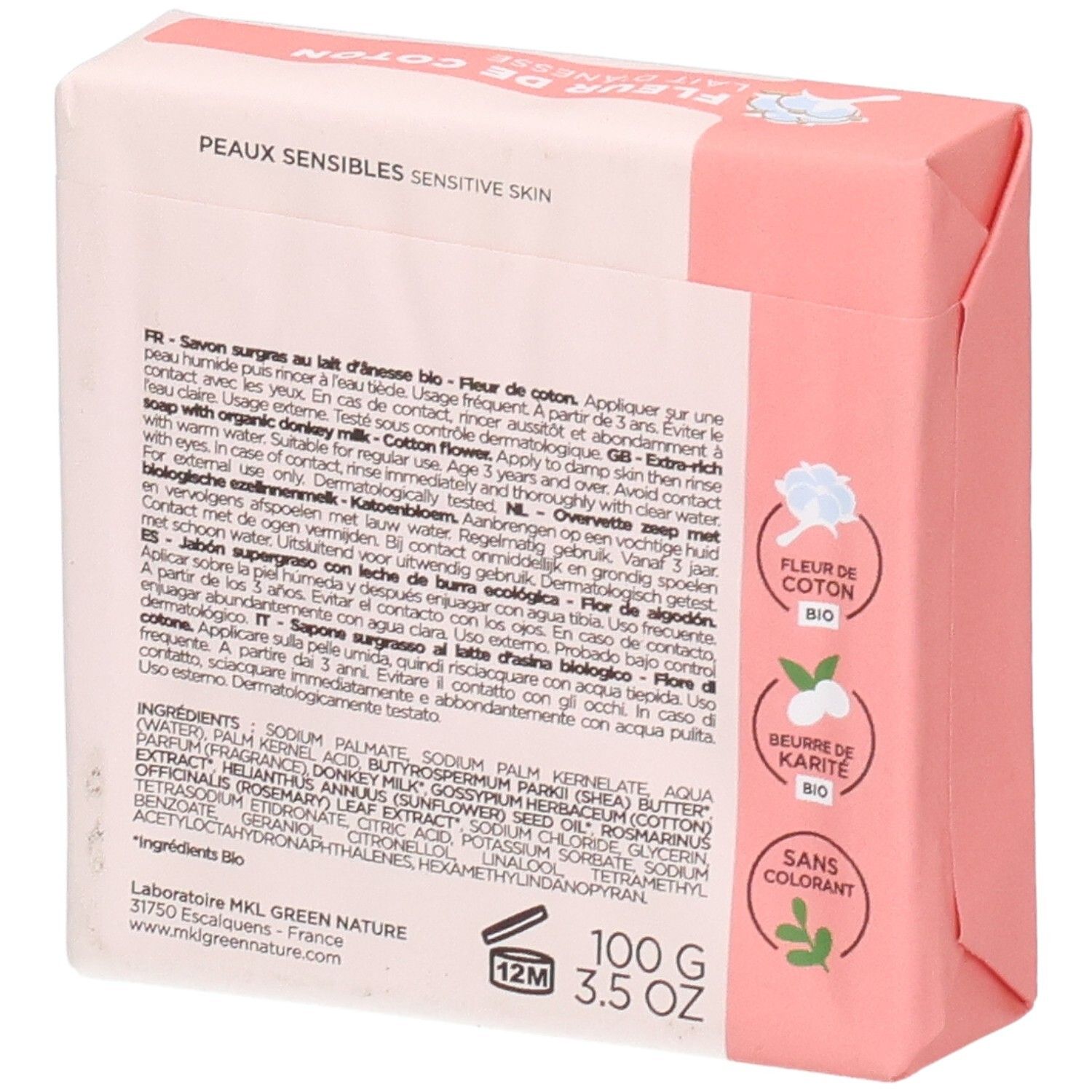 Dos d'un savon MKL Green Nature avec ingrédients et instructions.