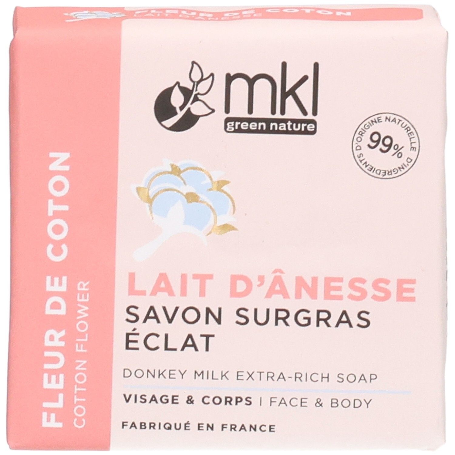 Face avant d'un savon MKL Green Nature Lait d'Ânesse Fleur de Coton.