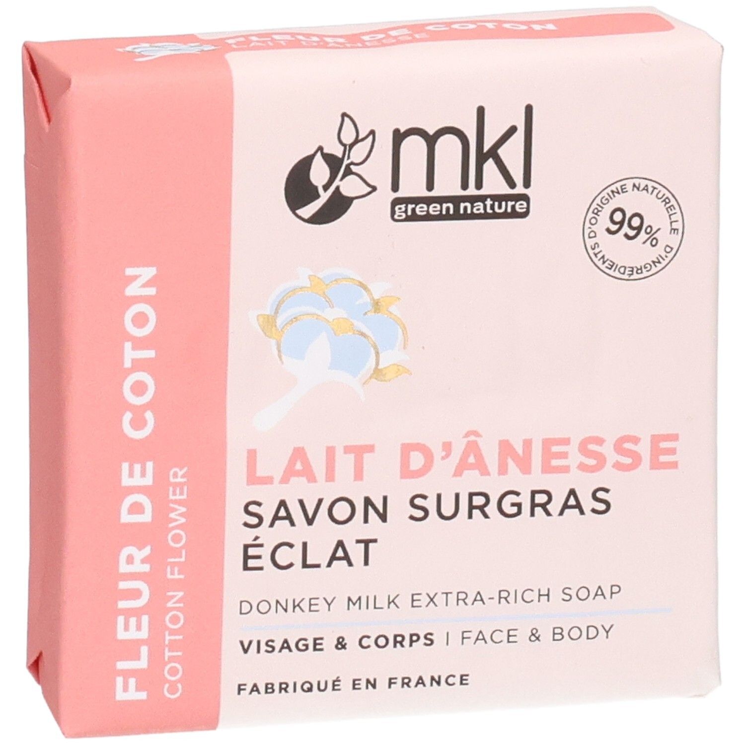Savon MKL Green Nature Lait d'Ânesse, Fleur de Coton, 99% ingrédients naturels.