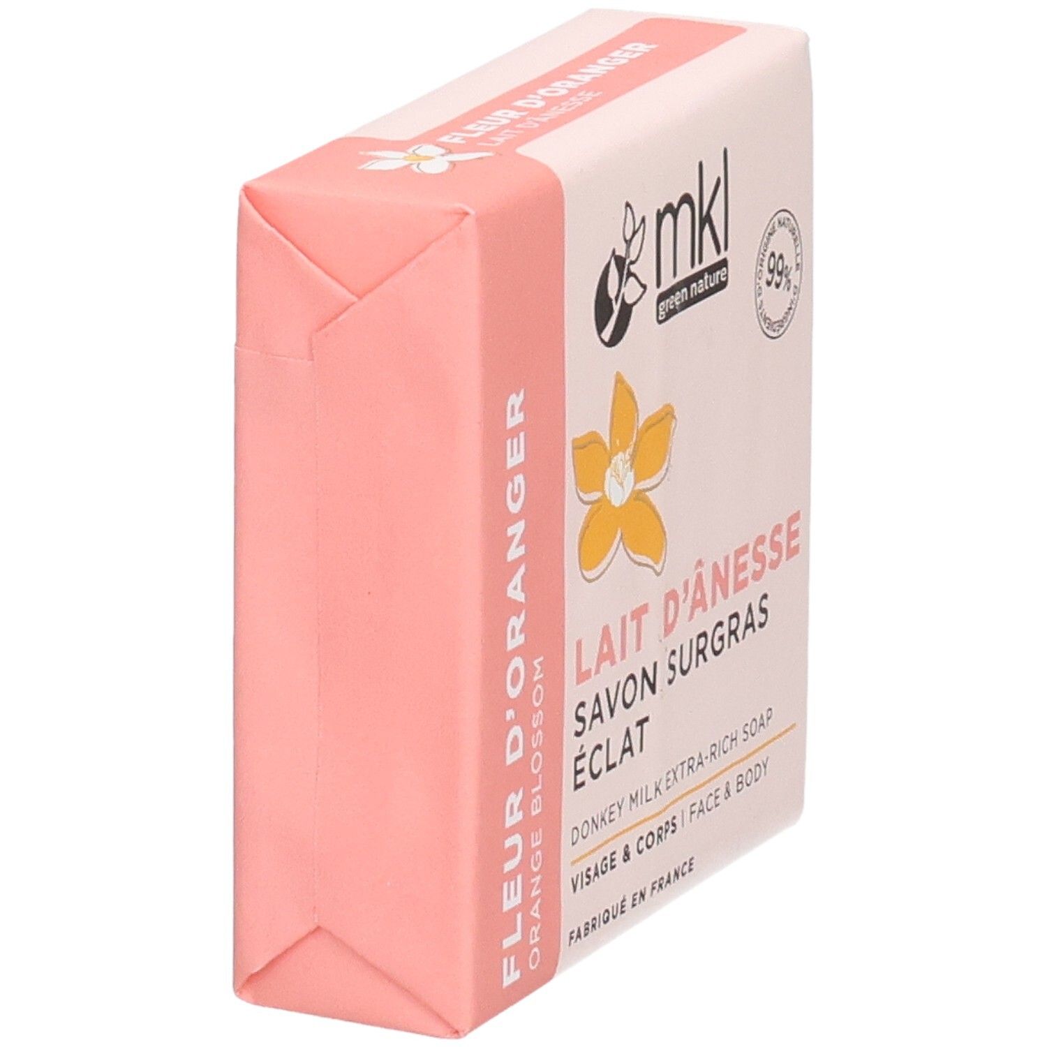 MKL Green Nature Savon Surgras Lait d'Ânesse, Fleur d'Oranger, 100g, vue latérale.