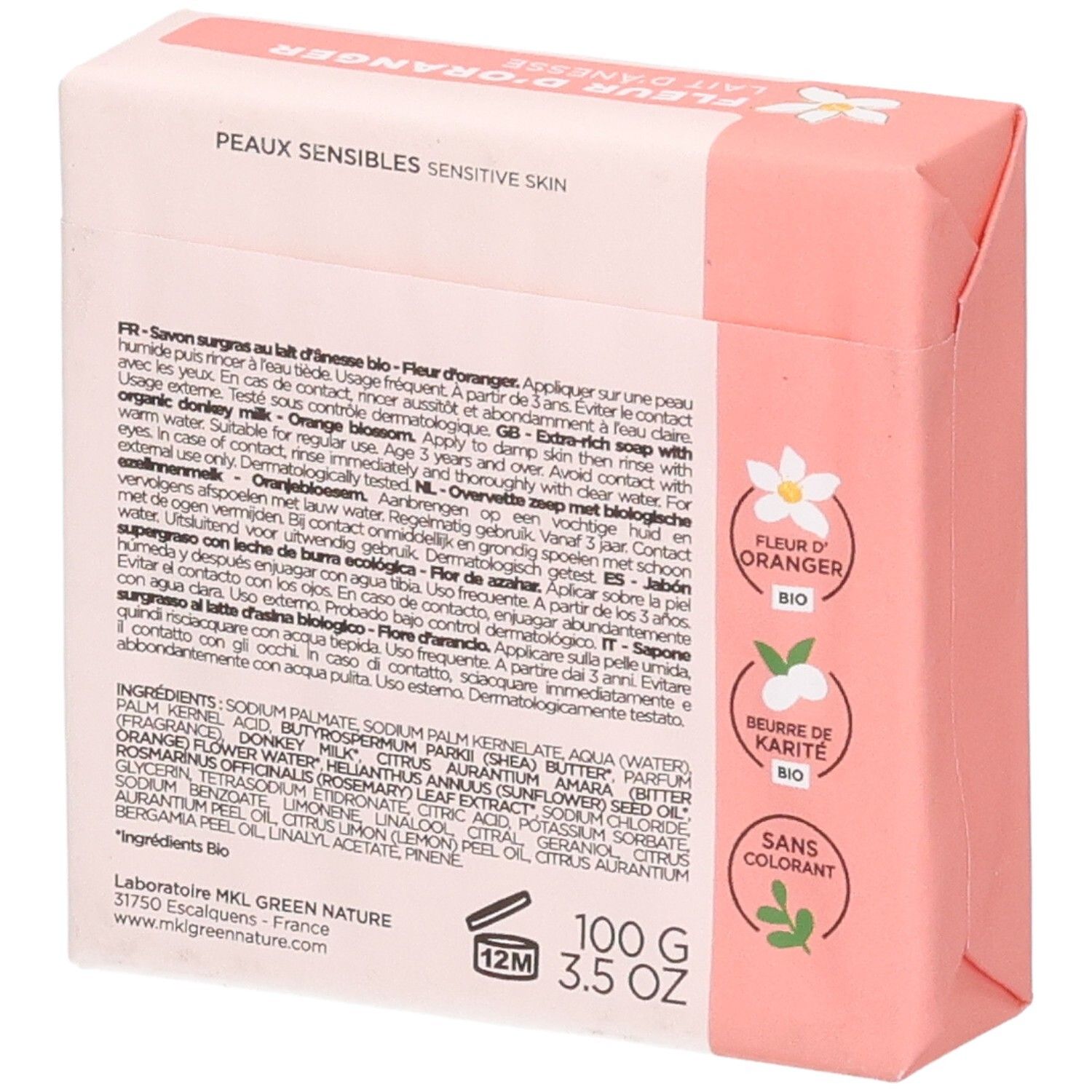 Dos de l'emballage MKL Green Nature Savon Surgras Lait d'Ânesse avec ingrédients et certifications.