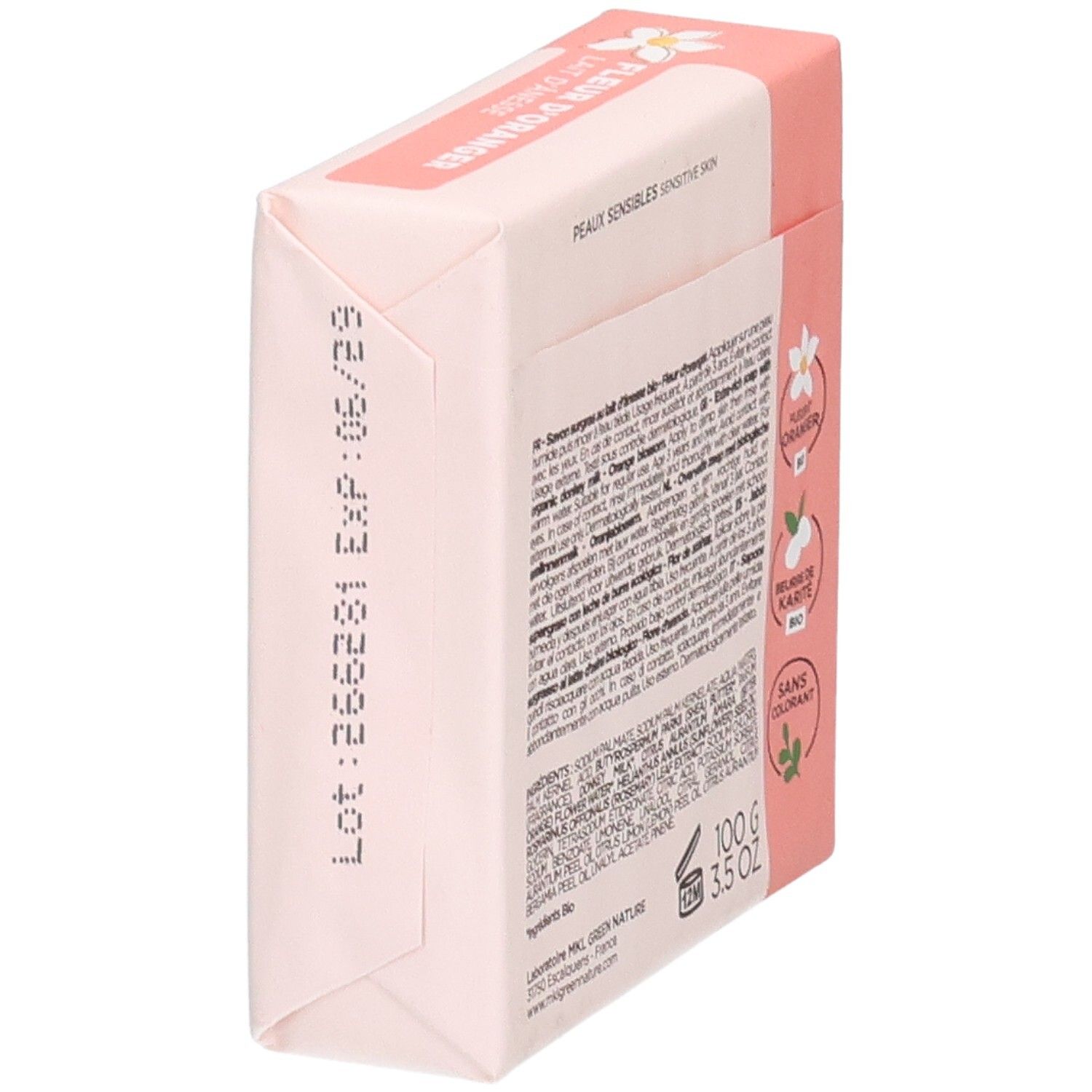 Vue latérale de l'emballage MKL Green Nature Savon Surgras Lait d'Ânesse avec lot et date d'expiration.