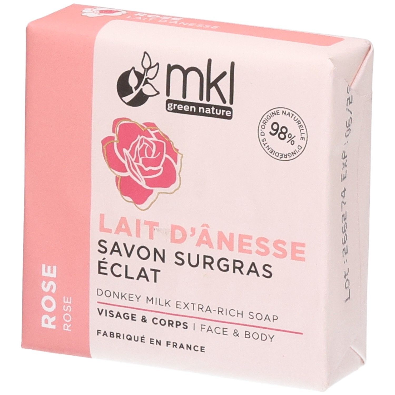 Savon MKL Green Nature, Rose, 100g. Savon extra-riche au lait d'ânesse pour visage et corps.