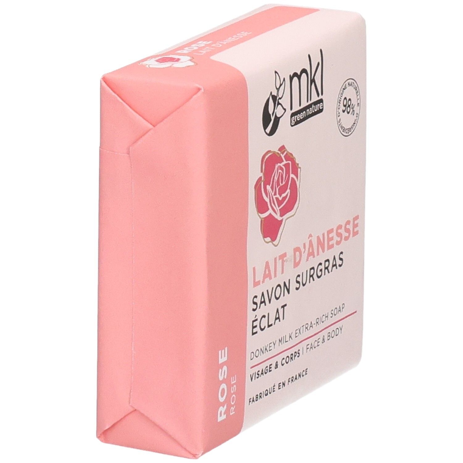Savon MKL Green Nature, Rose, 100g. Vue latérale de l'emballage avec des accents roses.