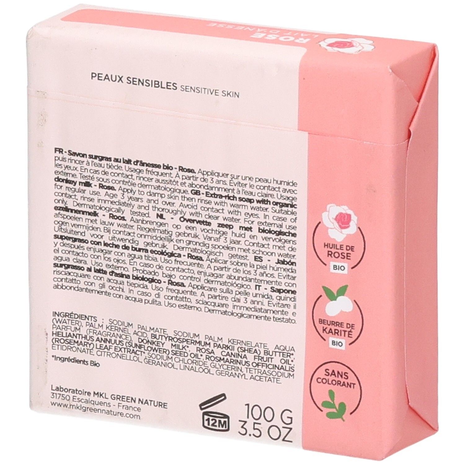 Dos de la boîte de savon MKL Green Nature Rose 100g. Contient les ingrédients et instructions.