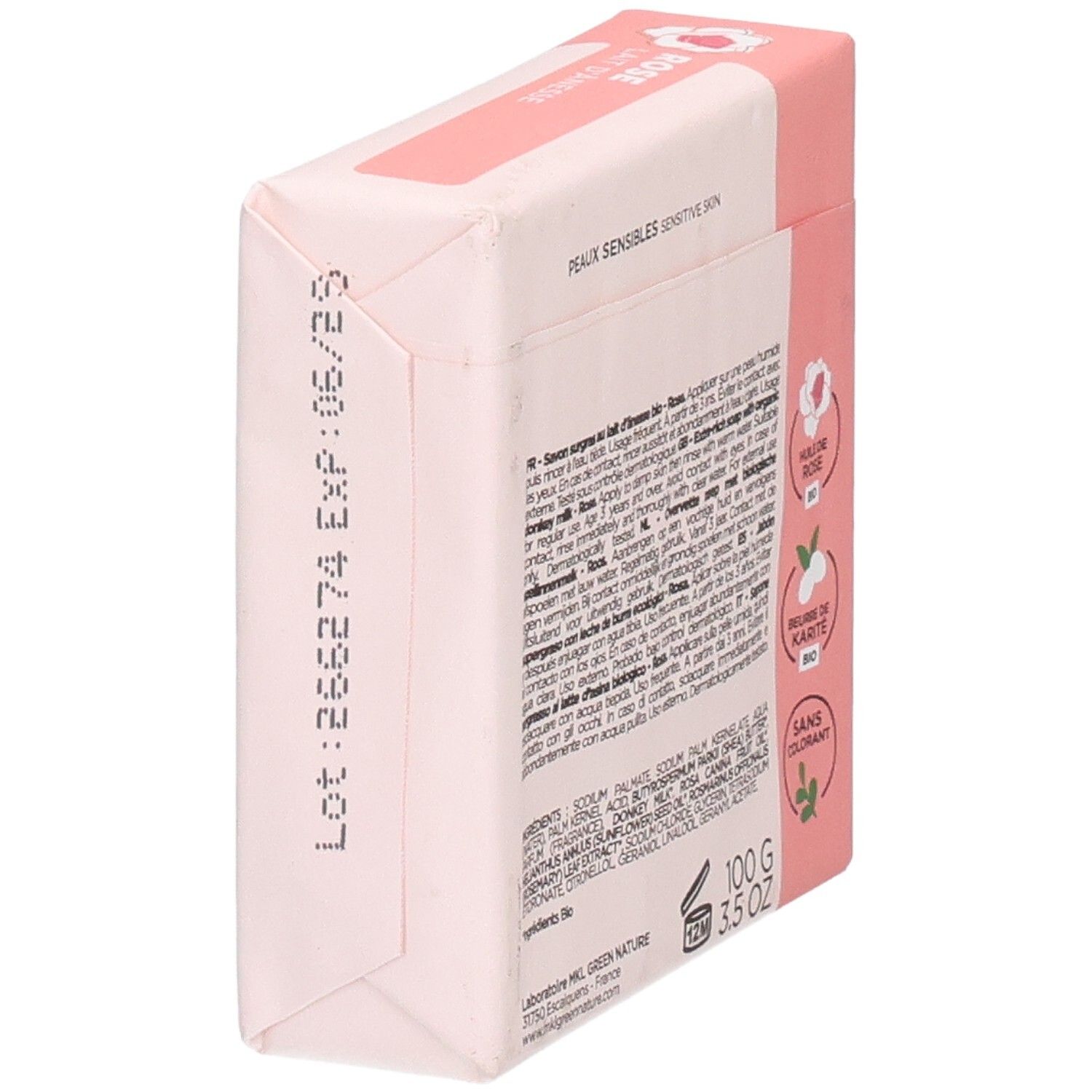Vue latérale du savon MKL Green Nature Rose 100g. Indique le numéro de lot et la date d'expiration.