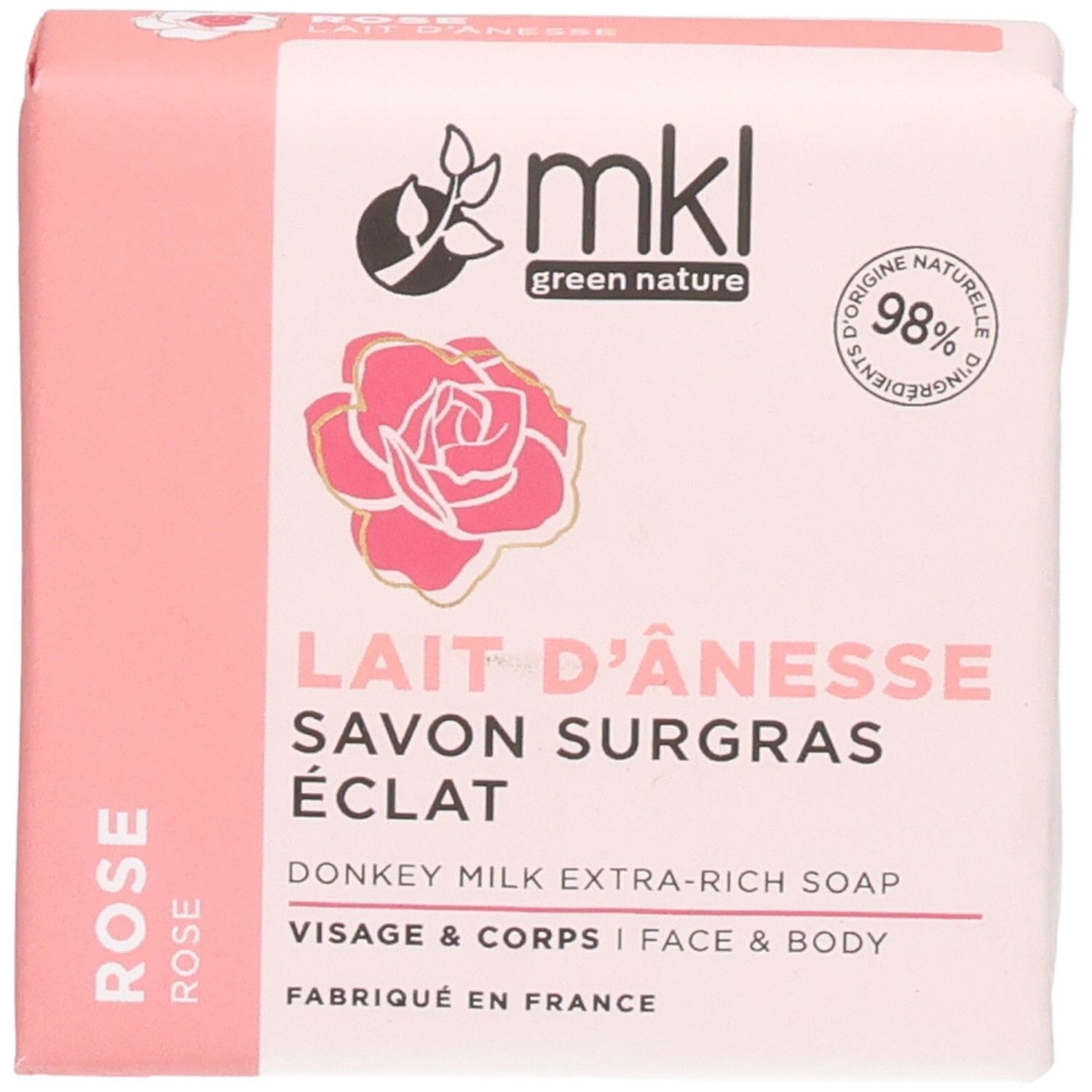 Savon MKL Green Nature, Rose, 100g. Face avant avec logo, rose et nom du produit.