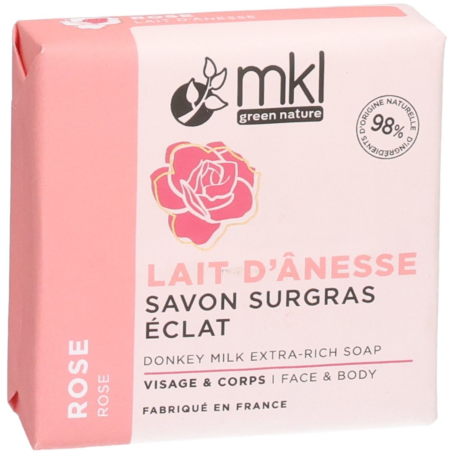 Savon MKL Green Nature, Rose, 100g. Face avant avec logo, rose et nom du produit.