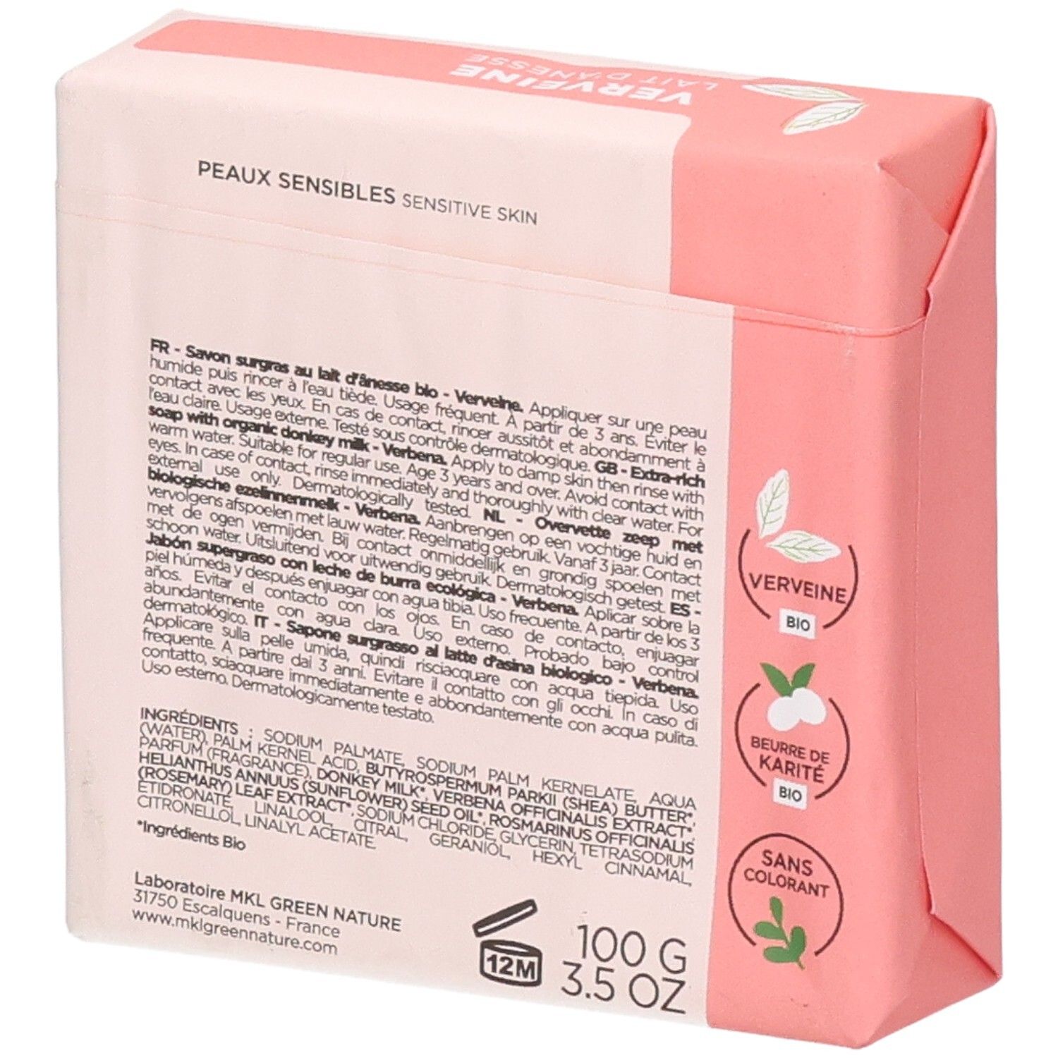 Dos du savon MKL Green Nature au lait d'ânesse, 100g. Avec ingrédients et certifications.