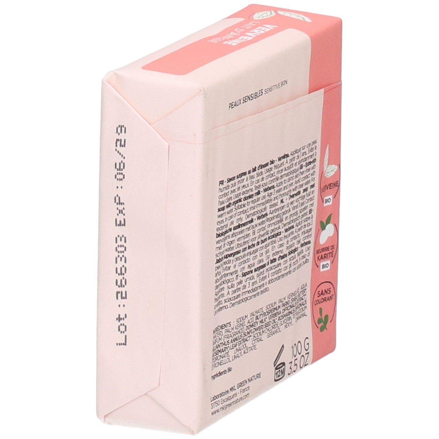 Savon MKL Green Nature au lait d'ânesse, 100g. Dos avec numéro de lot et date d'expiration.