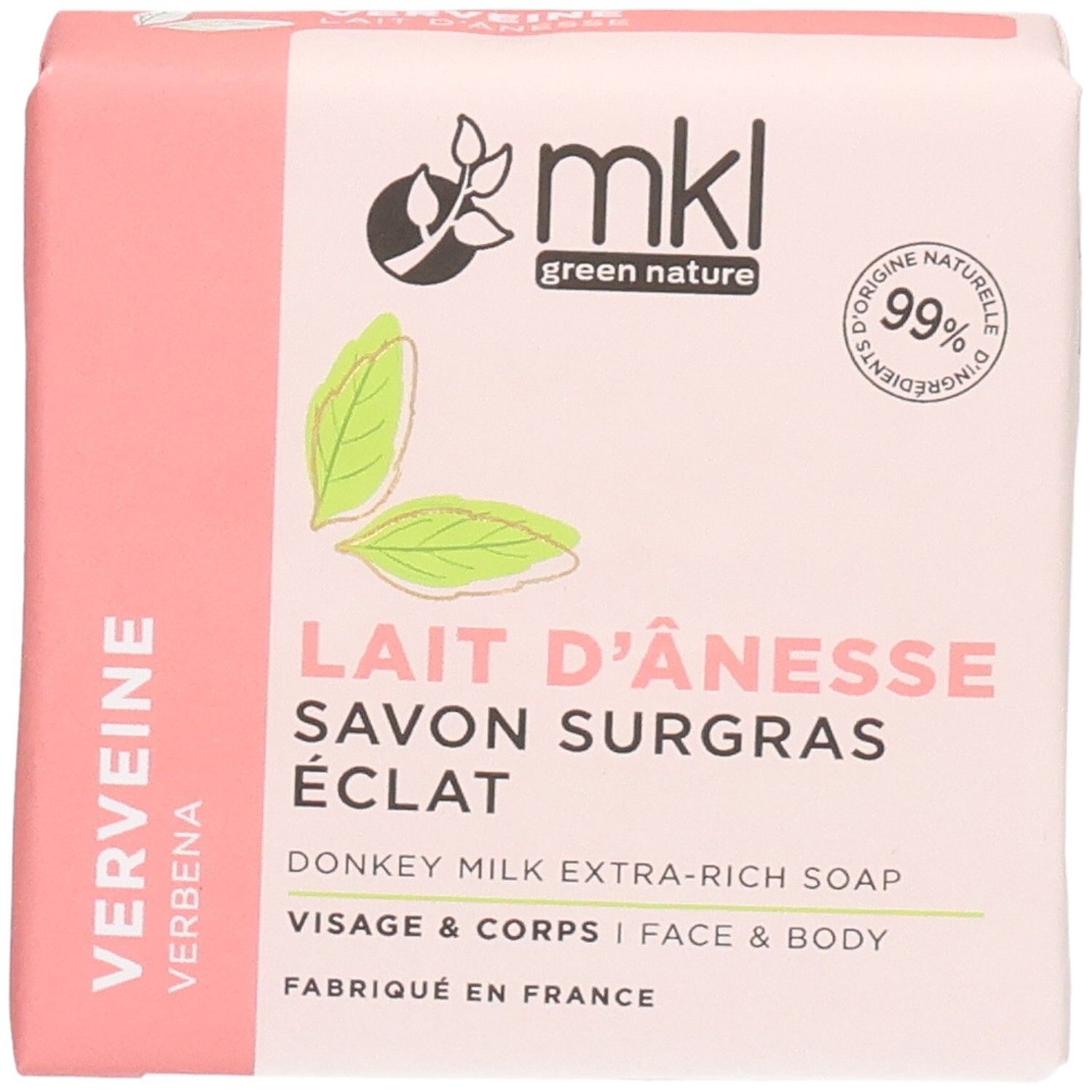 Savon MKL Green Nature au lait d'ânesse, 100g. Face avant avec informations produit.