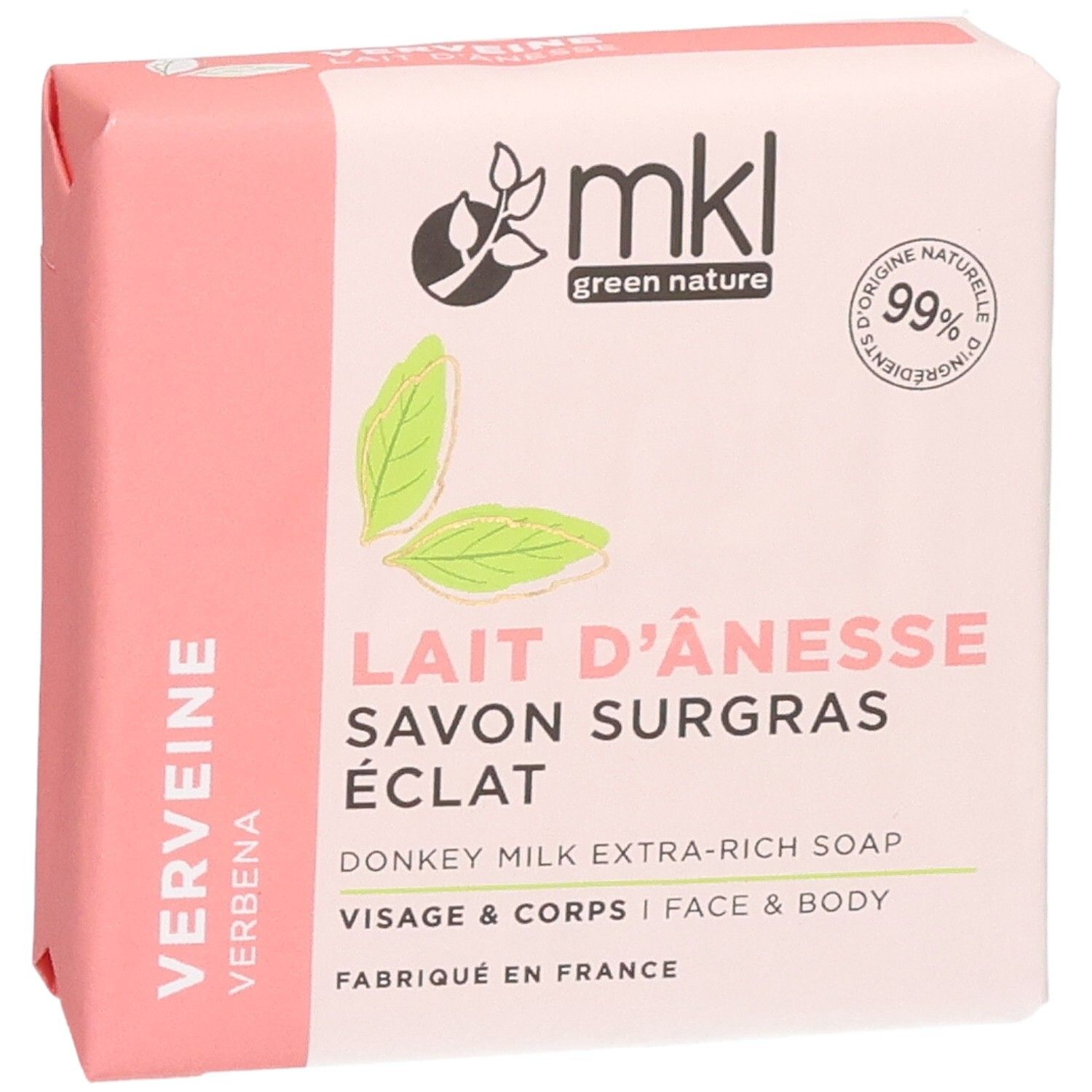Savon MKL Green Nature au lait d'ânesse, 100g. Savon emballé.