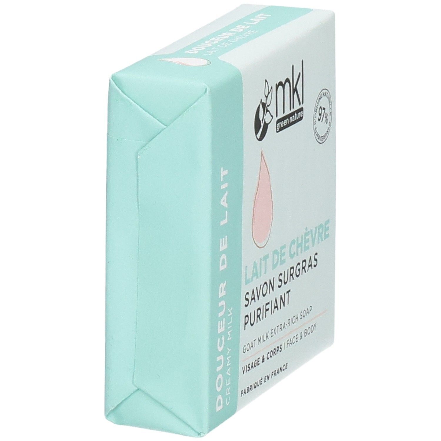 Savon MKL Green Nature au lait de chèvre, 100g. Vue latérale.