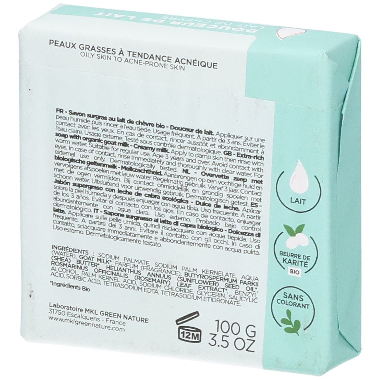 Dos du savon MKL Green Nature au lait de chèvre, 100g. Ingrédients et instructions.