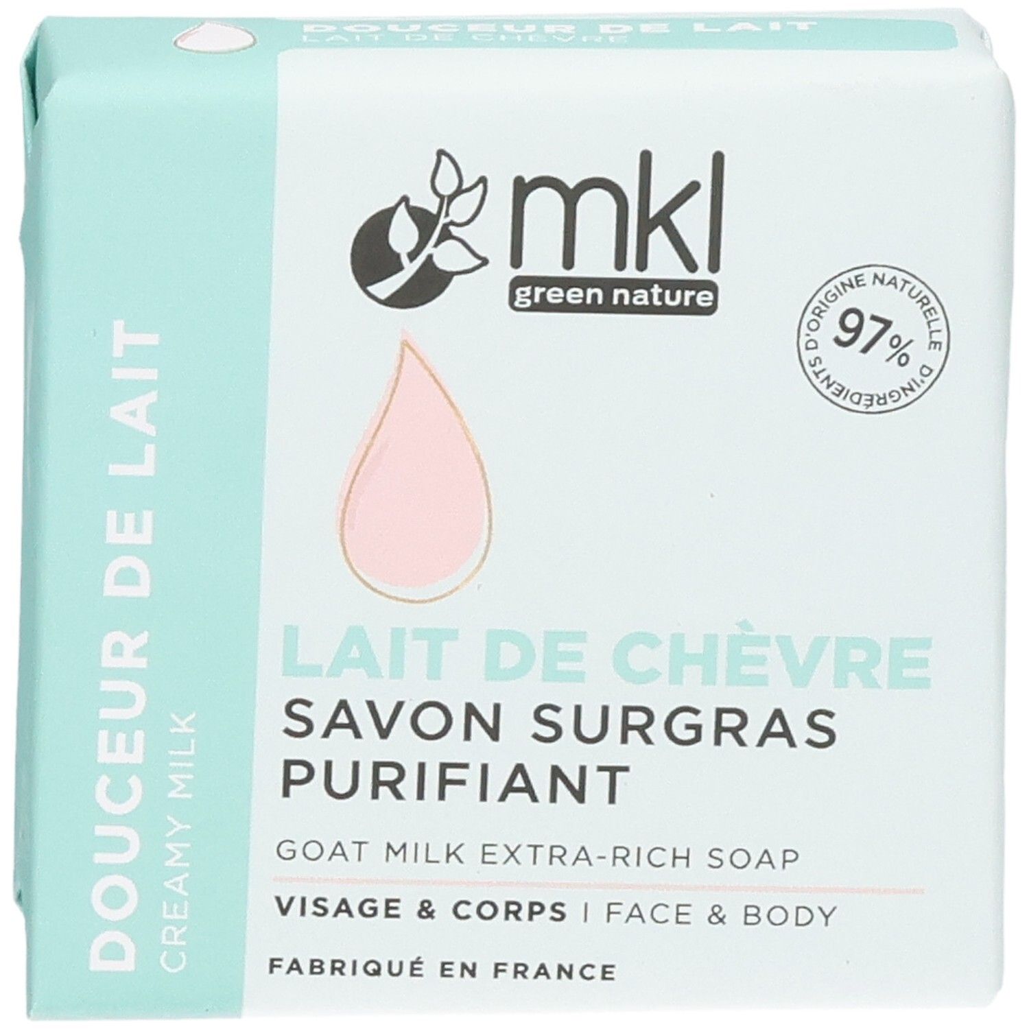Face avant du savon MKL Green Nature au lait de chèvre, 100g. Avec logo et nom du produit.