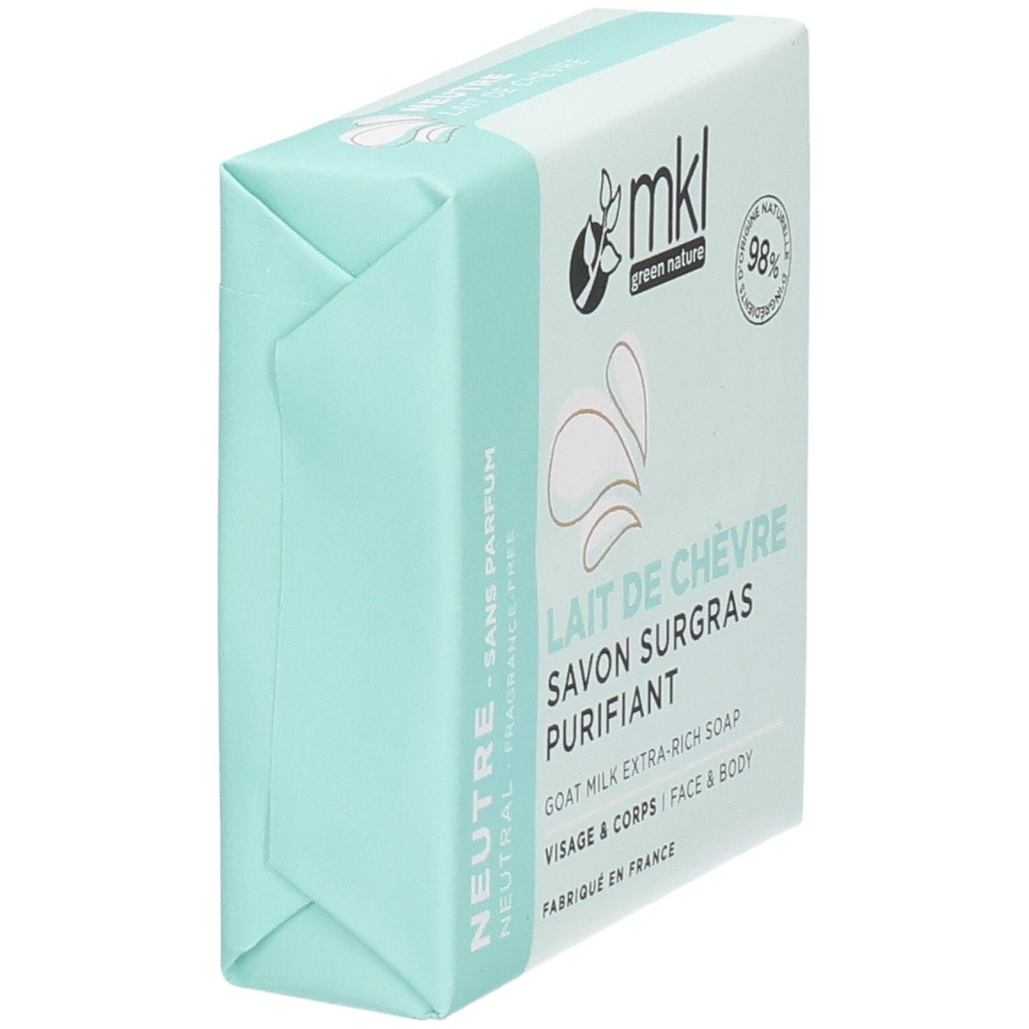 Savon MKL Green Nature, Lait de Chèvre, emballage 100g, vue latérale.