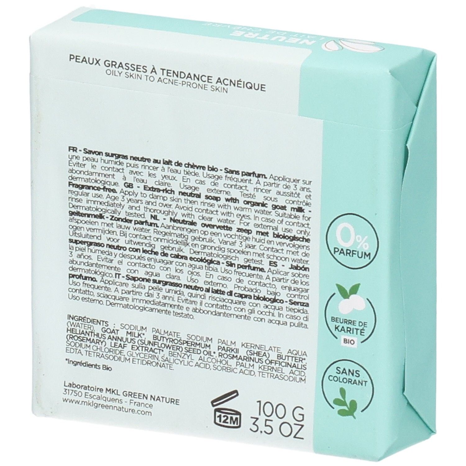 Dos du savon MKL Green Nature au lait de chèvre, 100g, avec ingrédients.