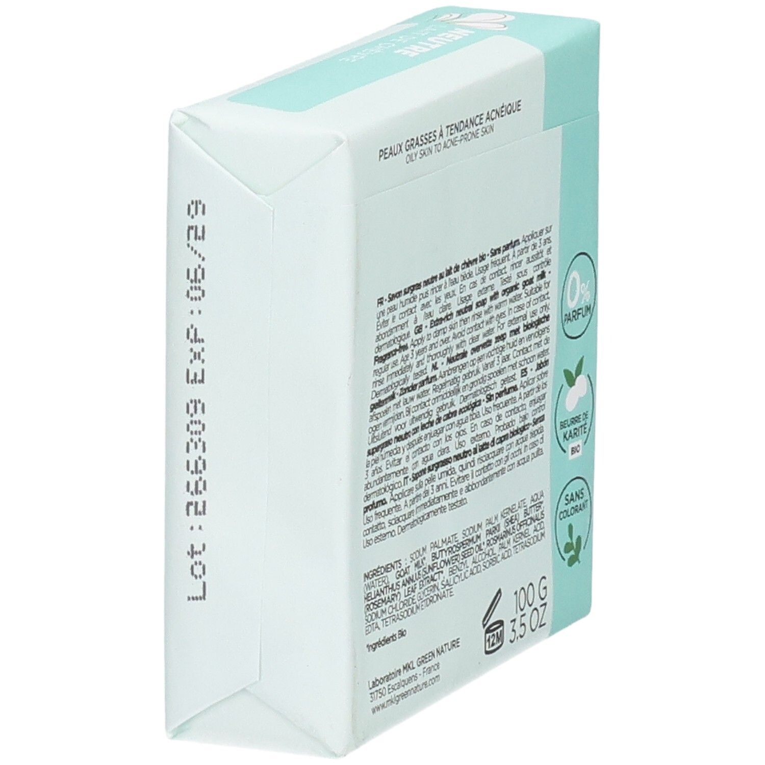 Savon MKL Green Nature au lait de chèvre, 100g, dos avec détails.