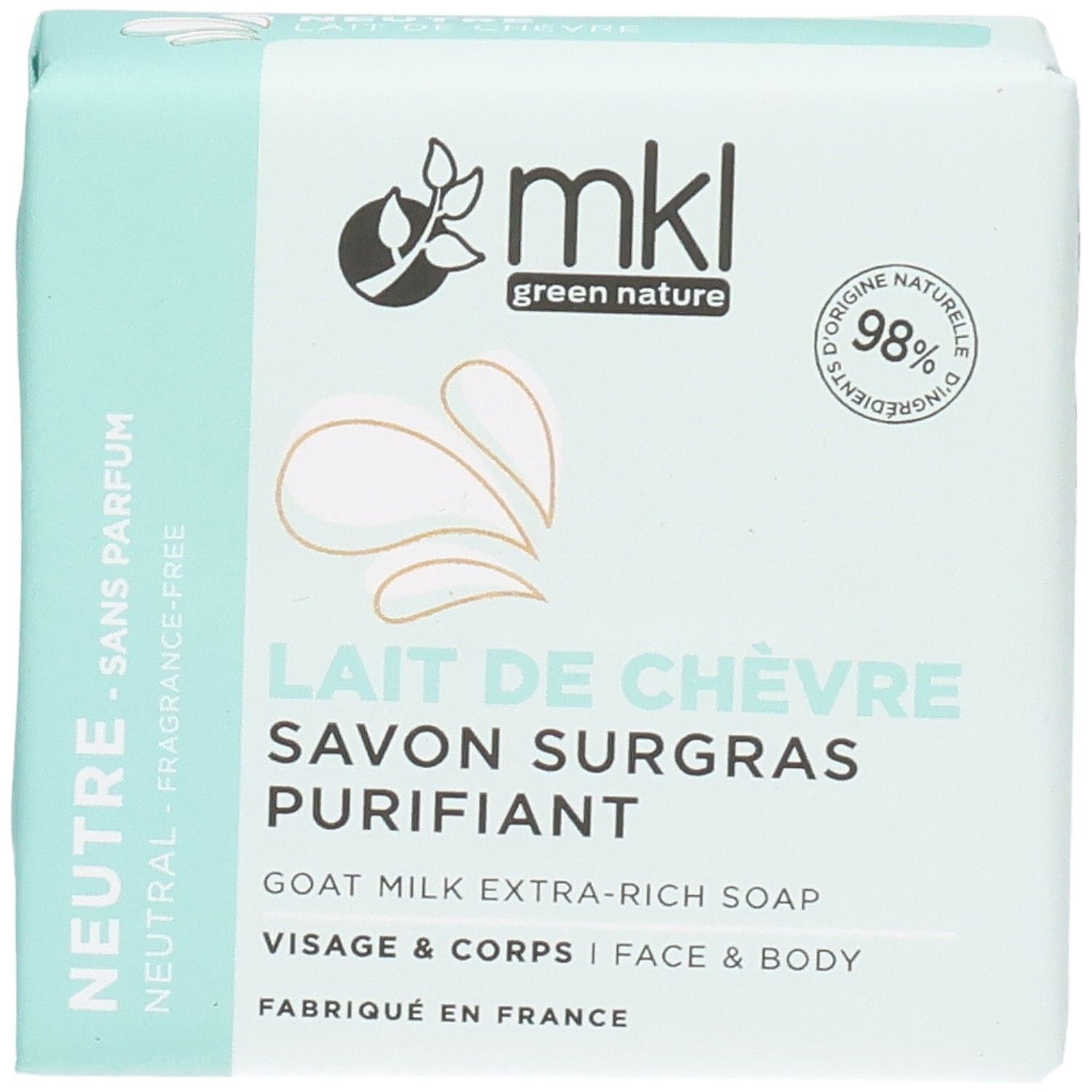 Face avant du savon MKL Green Nature au lait de chèvre, 100g, neutre.
