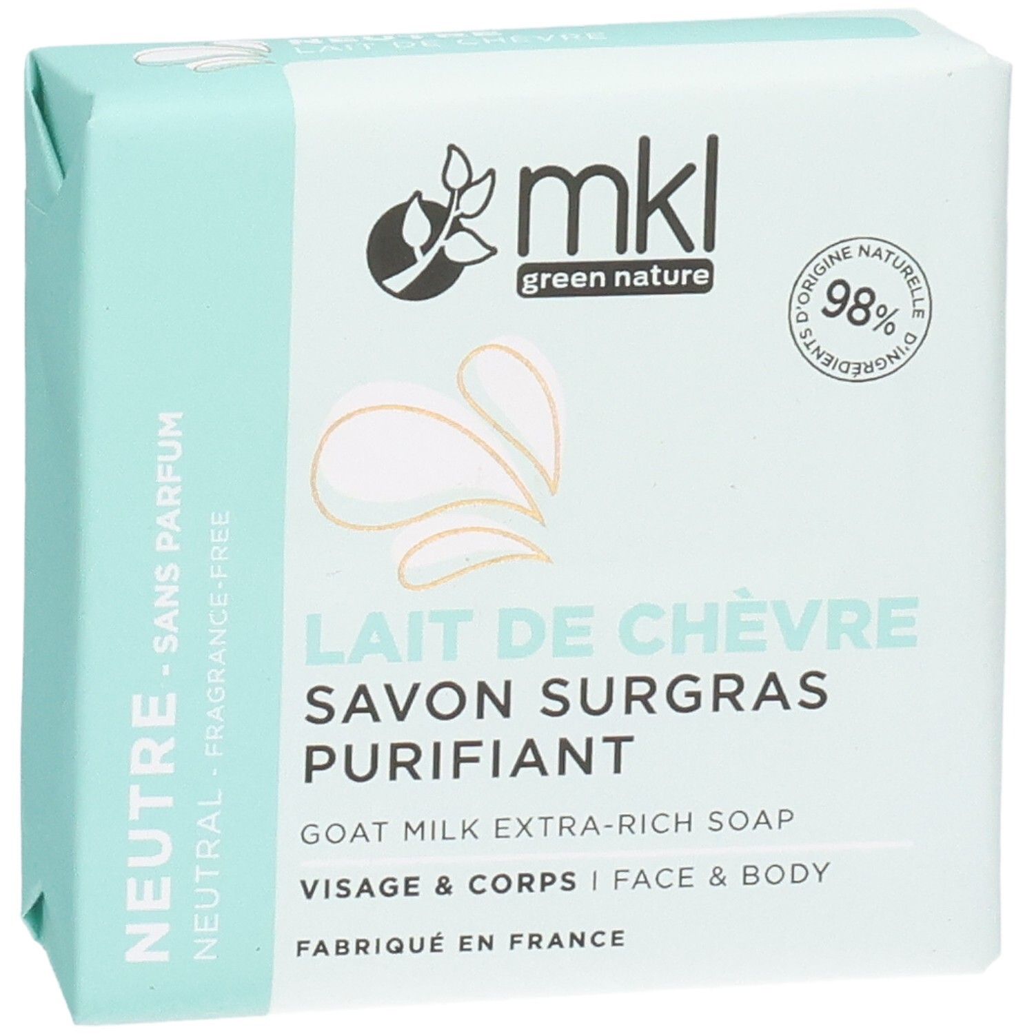 Savon MKL Green Nature, Lait de Chèvre, emballage 100g, vue de face.