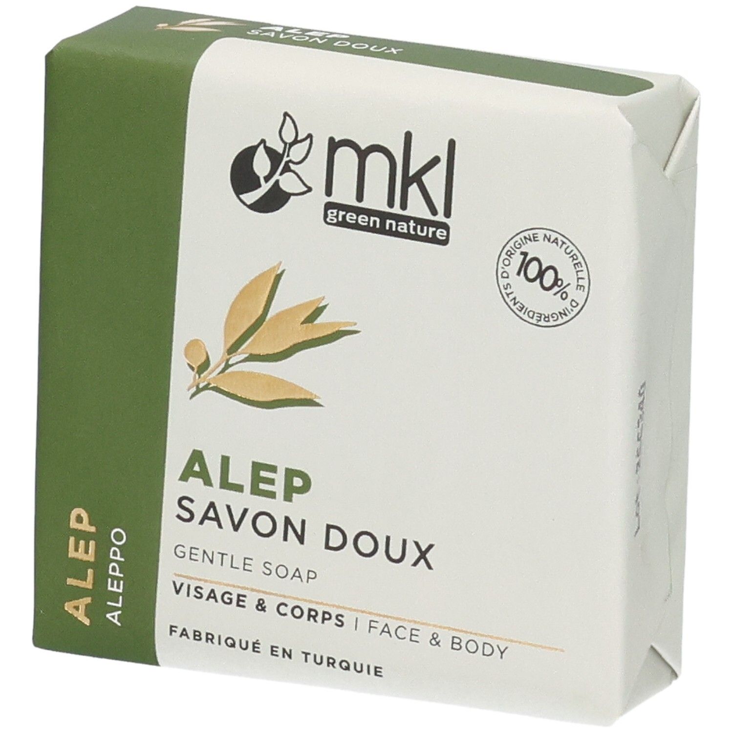 Savon doux Alep MKL Green Nature, 100g. Aux huiles d'olive et de laurier. Pour visage et corps.