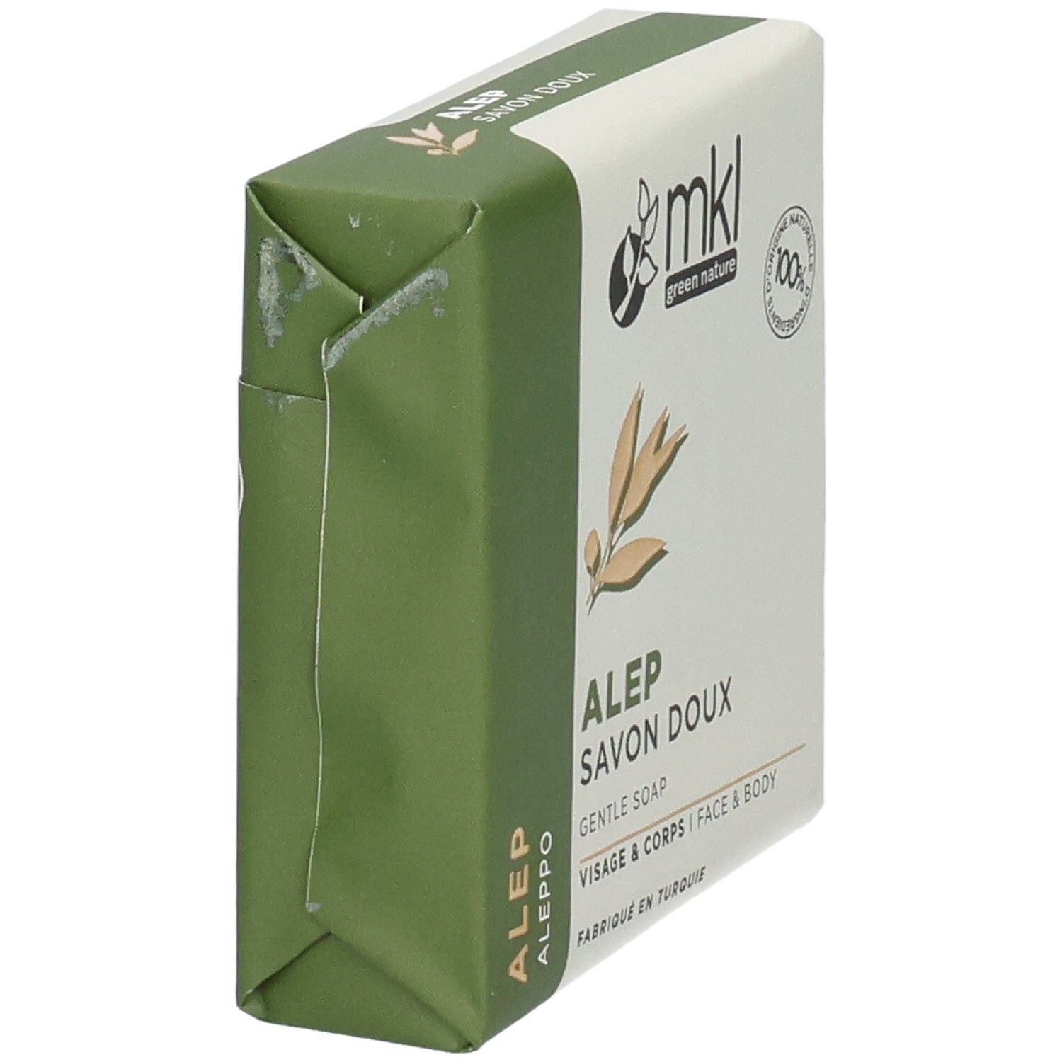 Emballage d'un savon doux Alep MKL Green Nature, 100g. Vue latérale.