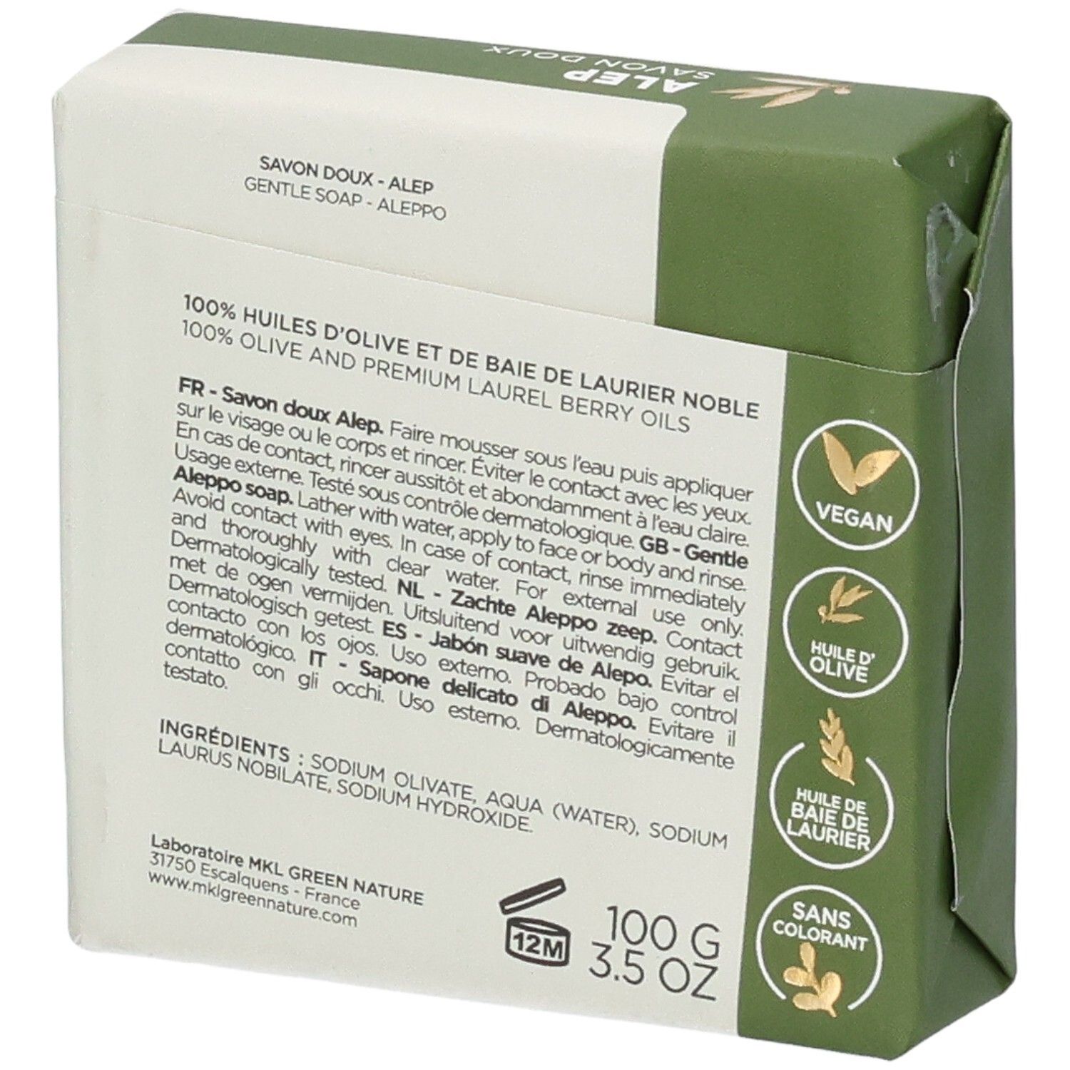 Dosage d'un savon doux Alep MKL Green Nature, 100g. Avec ingrédients et logos.
