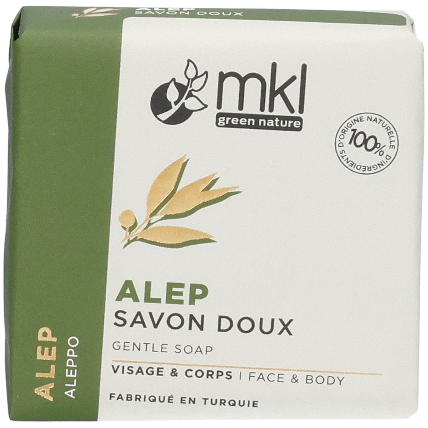 Savon doux Alep MKL Green Nature, 100g. Face avant avec motif de feuille.