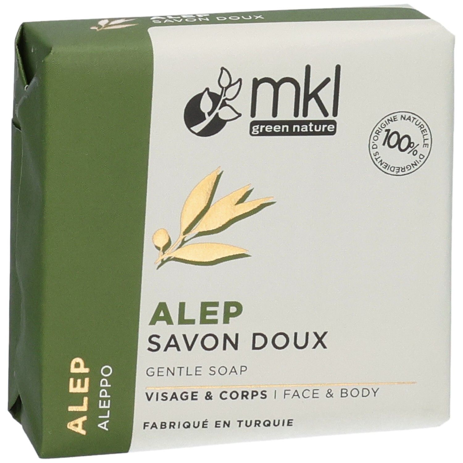 Savon doux Alep MKL Green Nature, 100g. Face avant avec motif de feuille et logo.