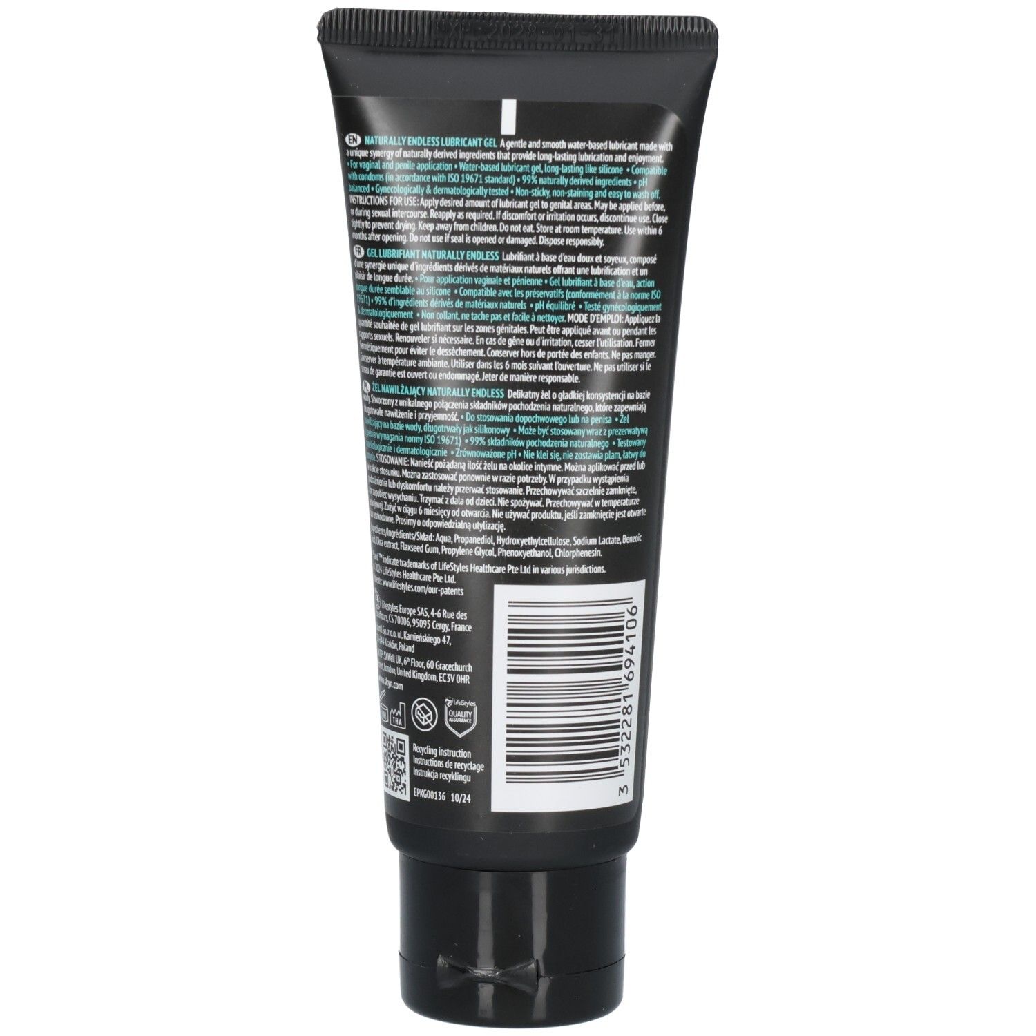 Dos du tube noir. Texte et informations sur le produit. Code-barres et autres marquages.