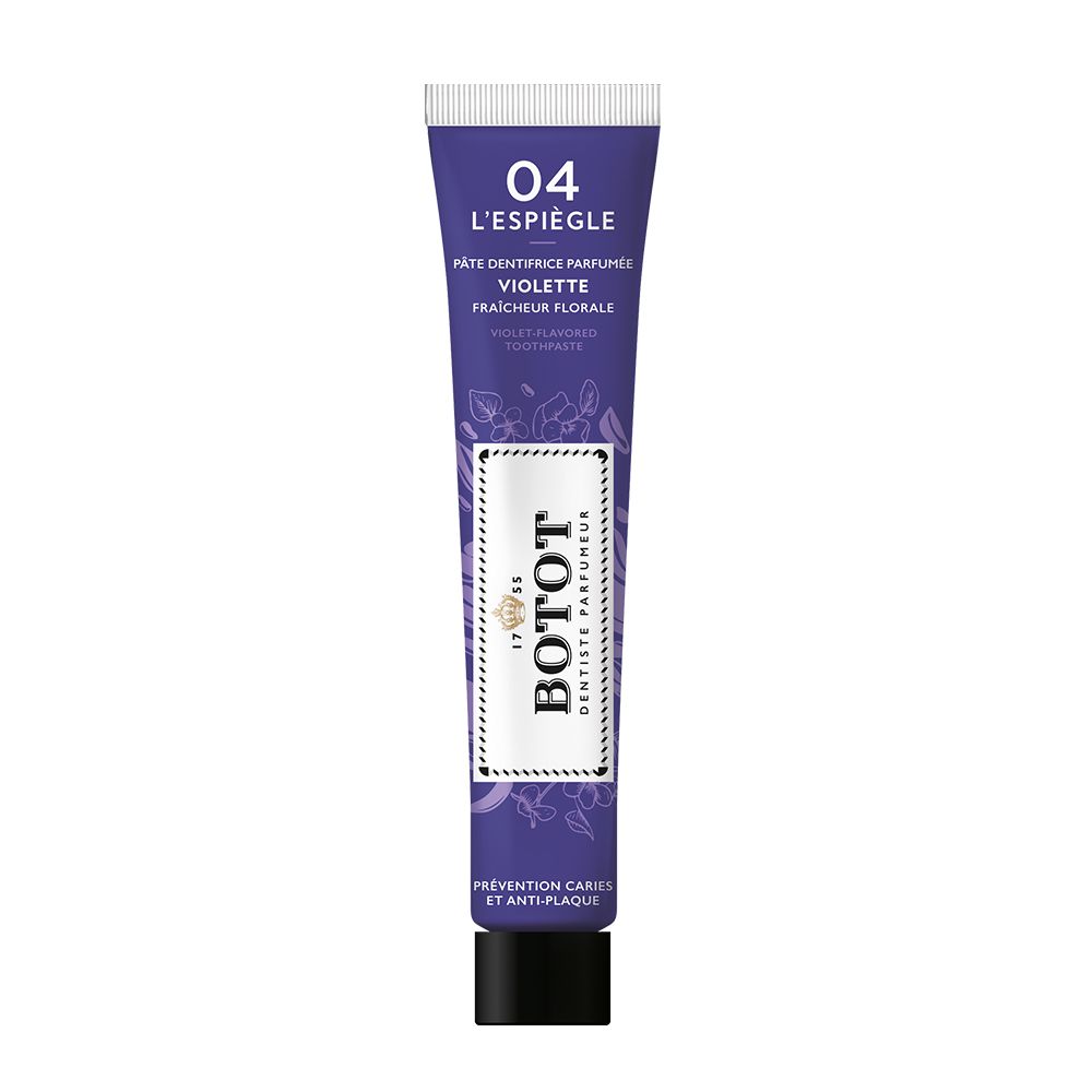 Dentifrice violet en tube violet avec motif floral et logo de la marque.
